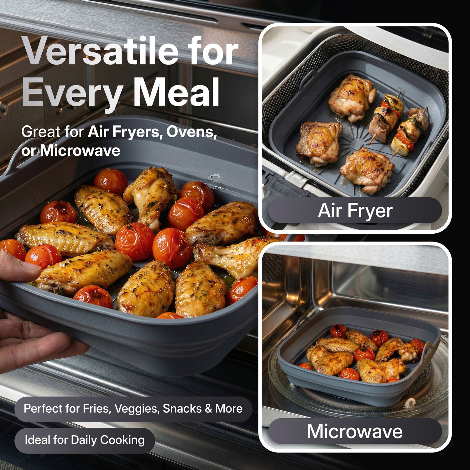 Collage of food cooking in black non-stick containers showing various dishes being prepared in air fryer and microwave.
