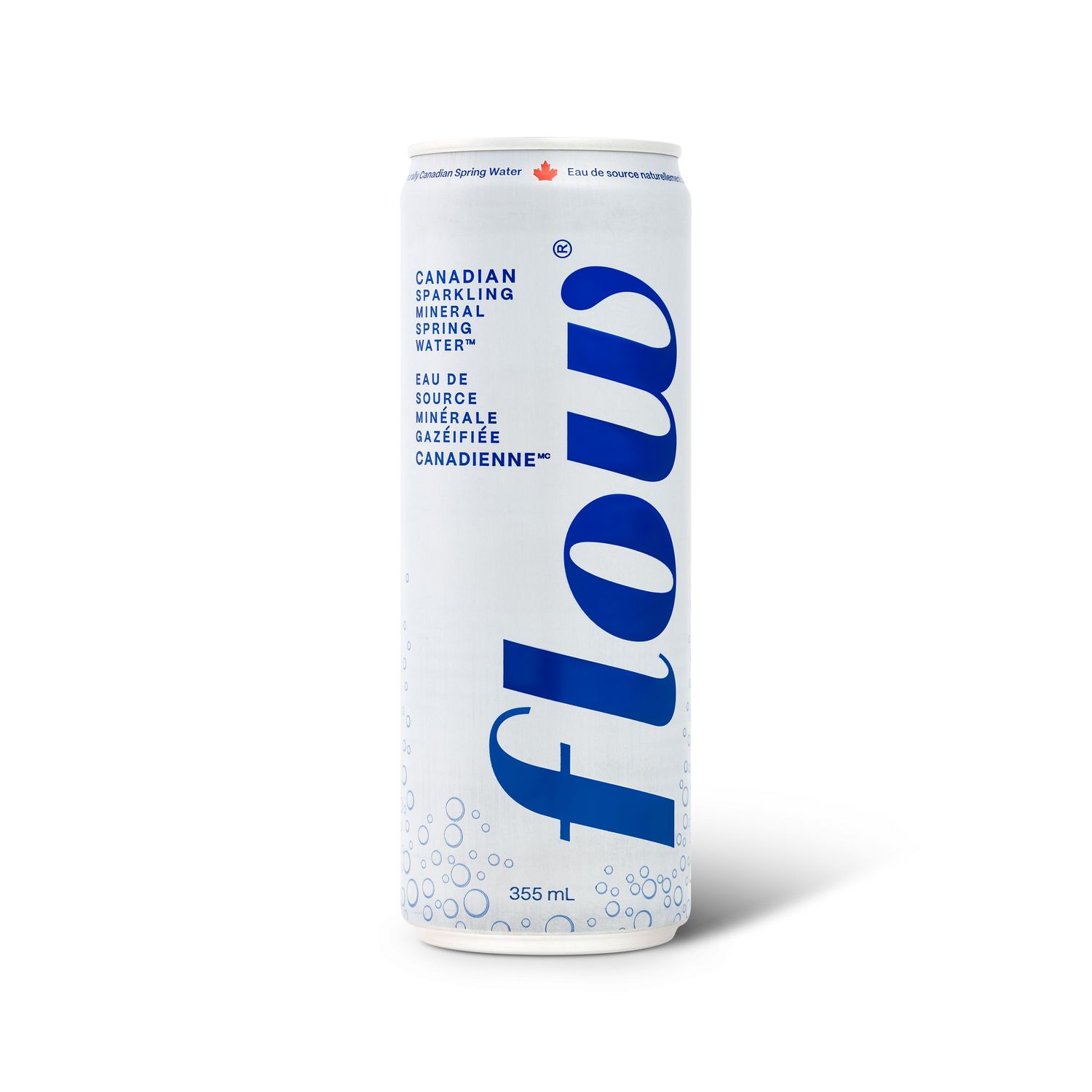 Flow Canadian sparkling mineral spring water in a sleek white 355mL can with blue branding.