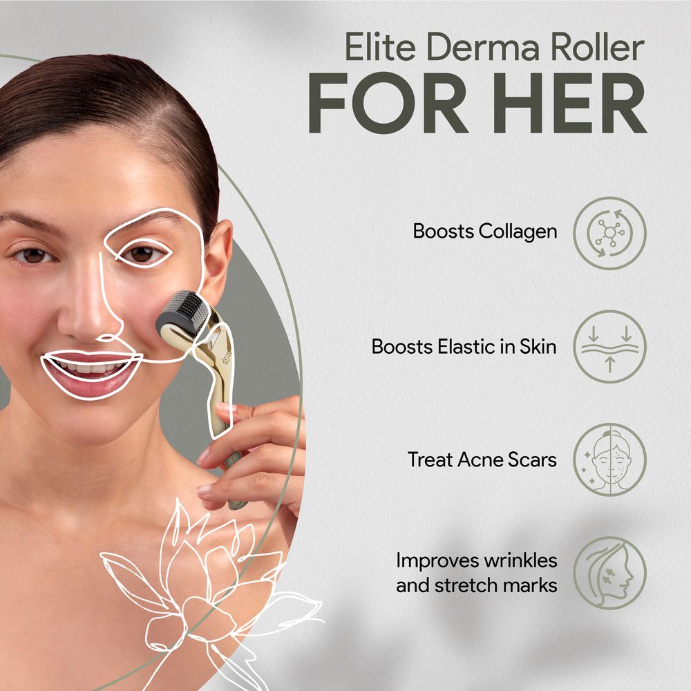 Product benefits infographic showing how derma rolling improves skin elasticity and reduces wrinkles for women.