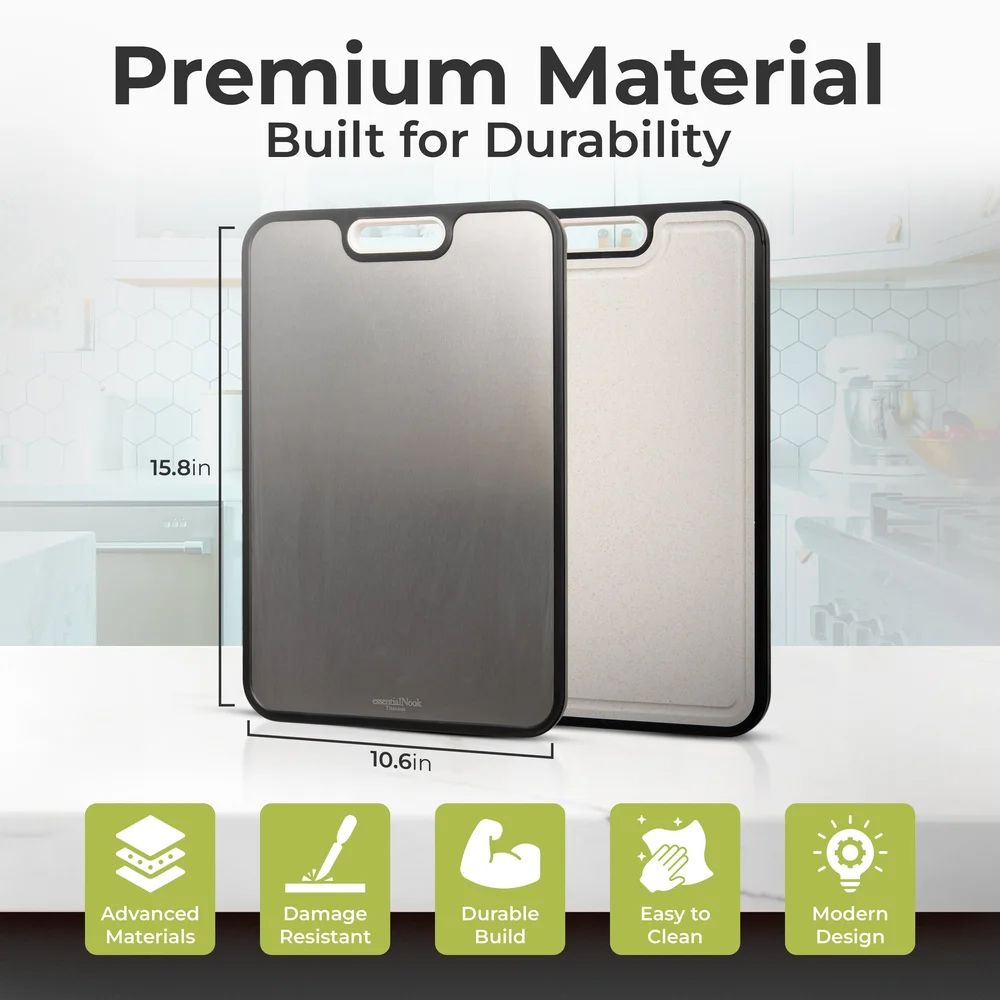 Product specifications showing dimensions and features of premium cutting boards with durability icons.