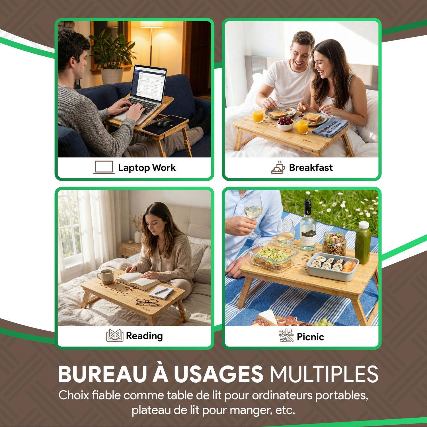 Collage of wooden laptop desk being used in multiple settings including outdoors, reading, dining and working from home.