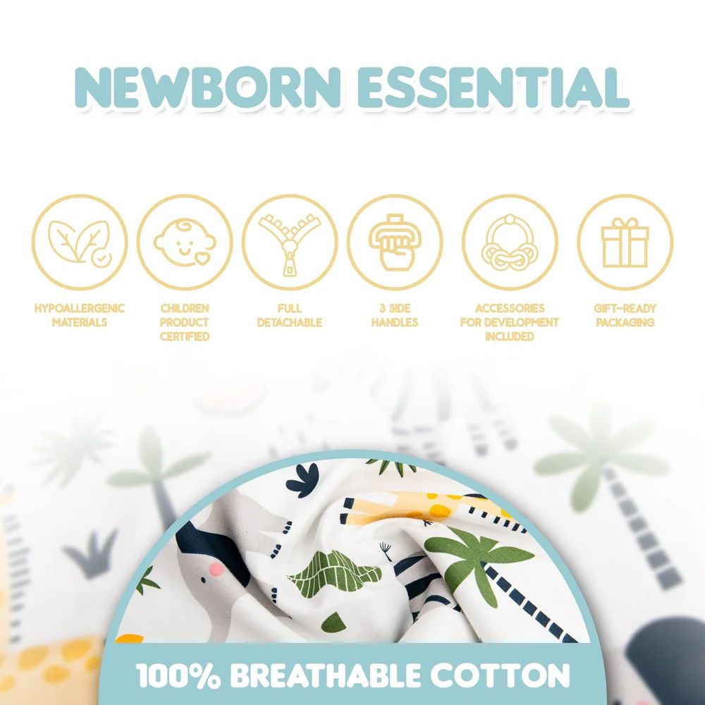 Banner highlighting breathable cotton material feature of newborn essential product with icons.