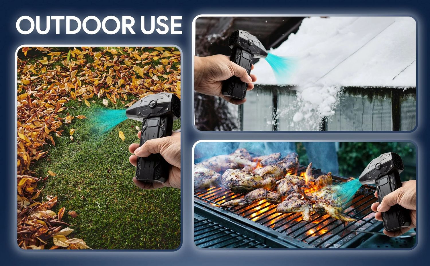 Outdoor cleaning scenarios featuring device use on leaves and surfaces.