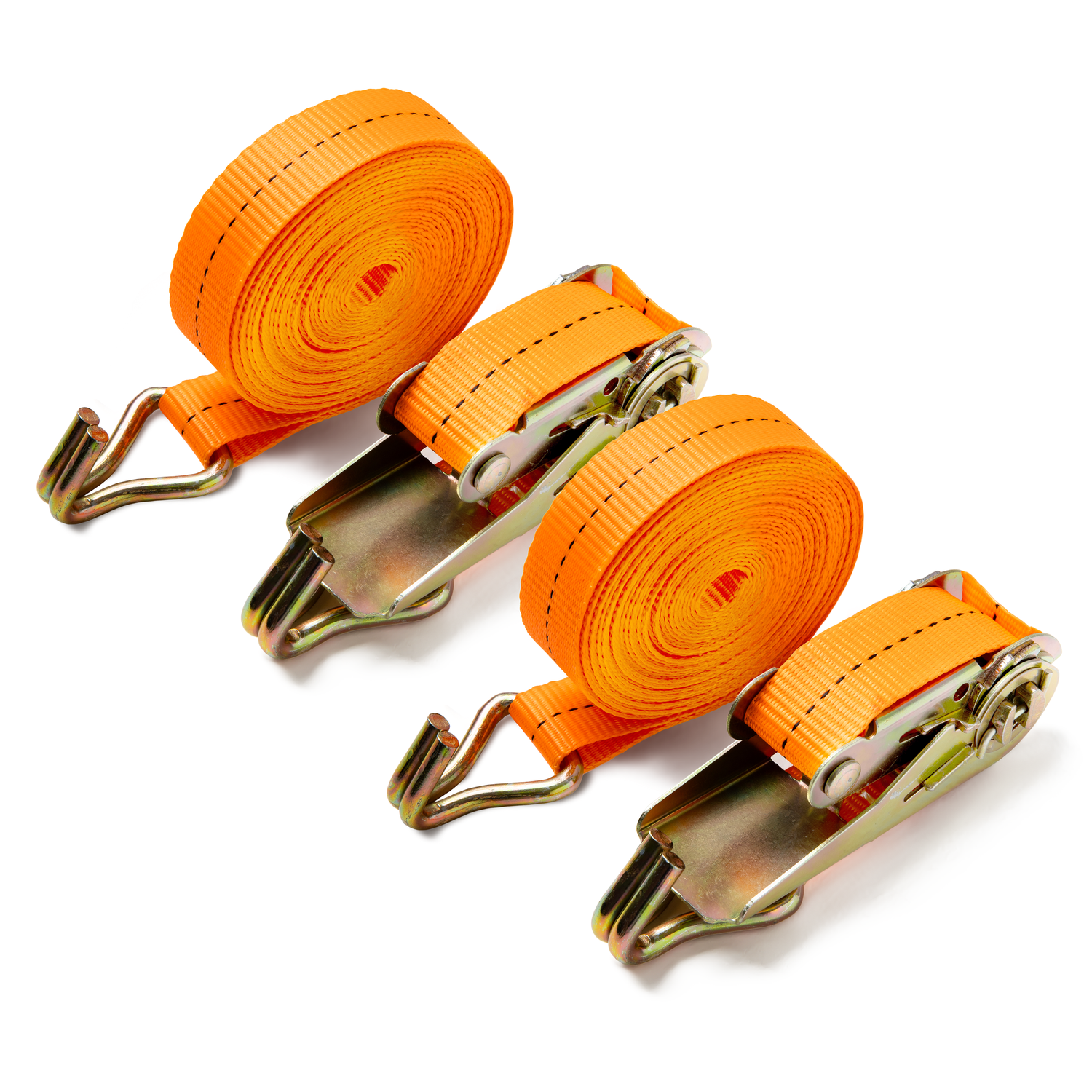 Orange ratchet straps with metal buckles arranged in a repeating pattern against white background.