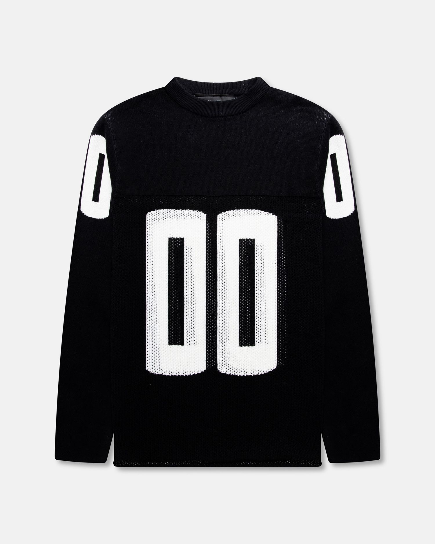 Black long sleeve football jersey with white 00 number on front and shoulders.