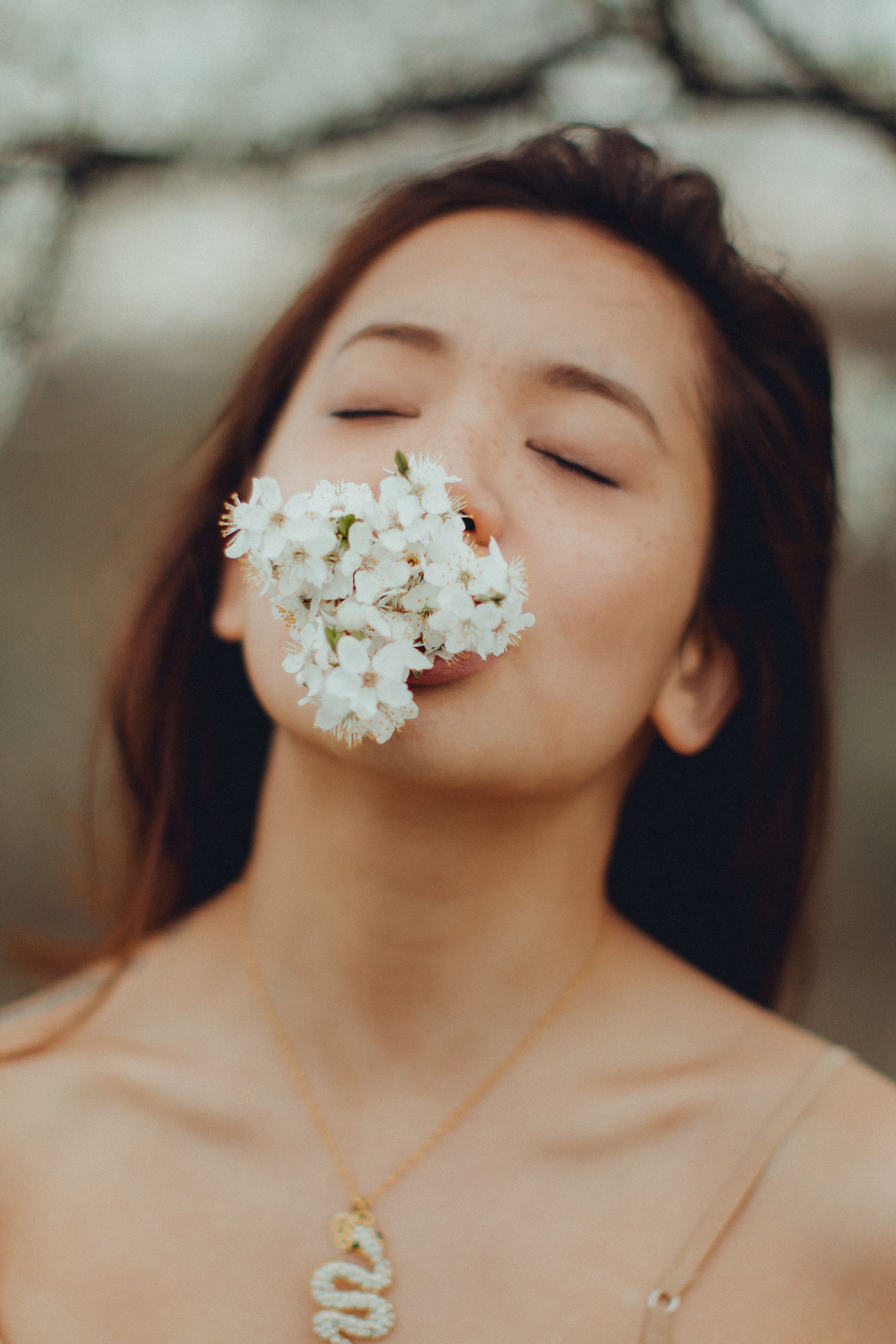 Dreamy portrait with white cherry blossoms covering face against soft background.
