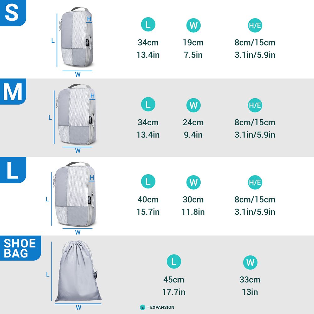 Size chart showing dimensions and measurements for different packing cube sizes in centimeters and inches.