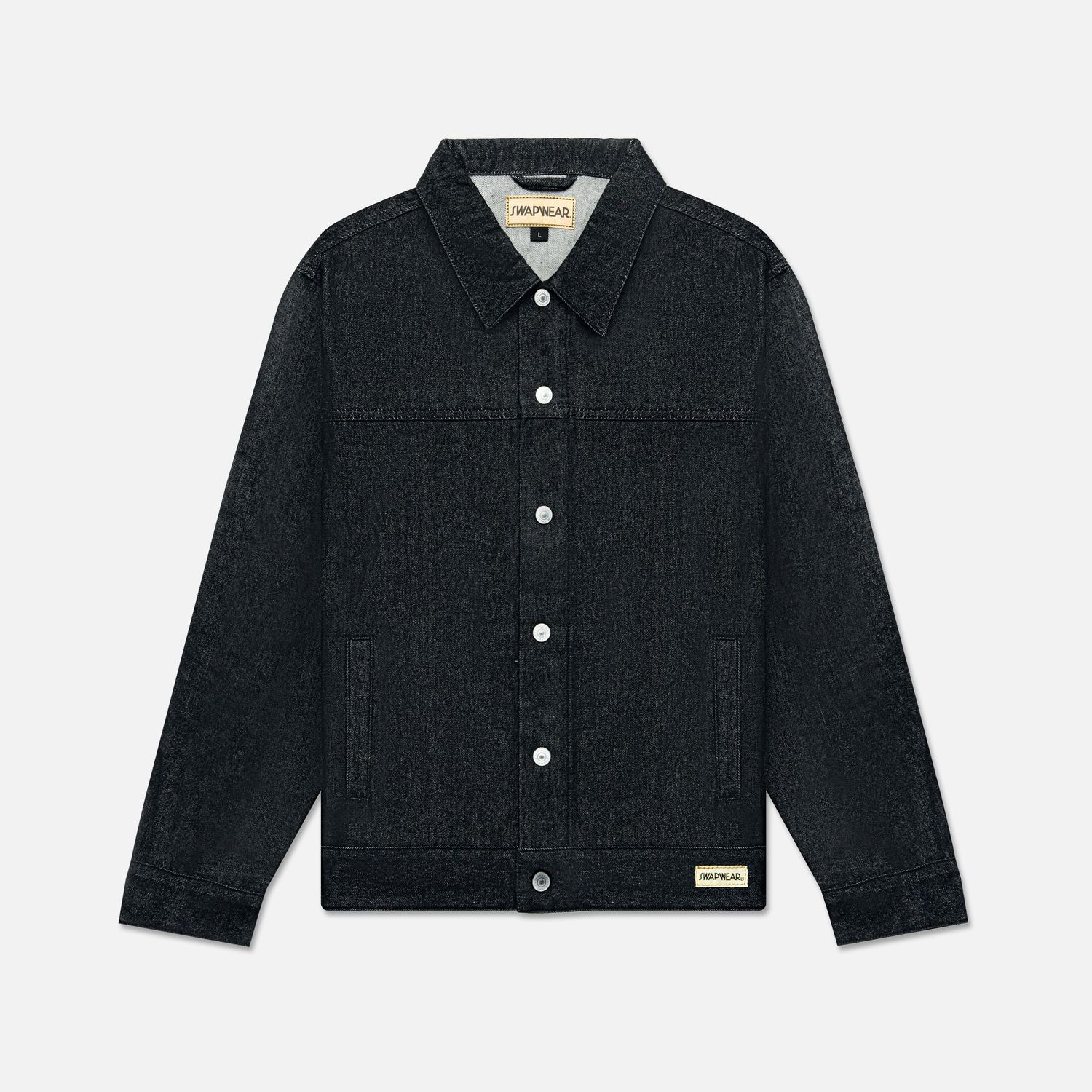 Black denim jacket with white buttons and classic collar design.
