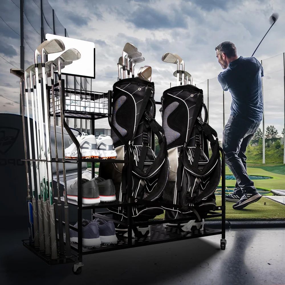 Golf gear organizer demonstrated in various outdoor settings and usage scenarios.