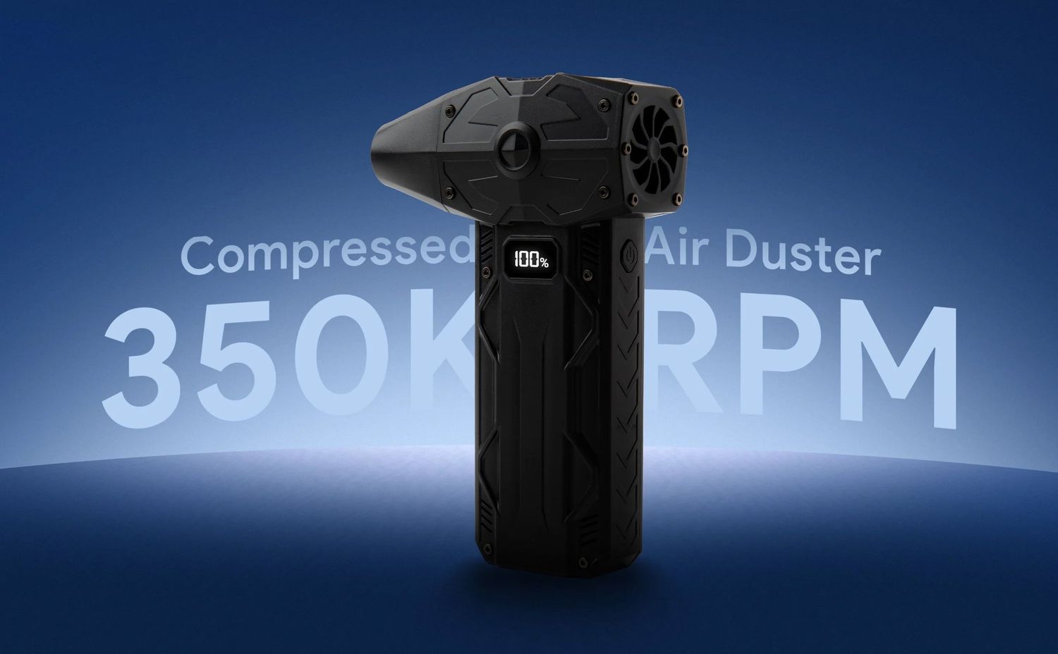 High-speed motor with compressed air duster feature displayed on dark blue background.