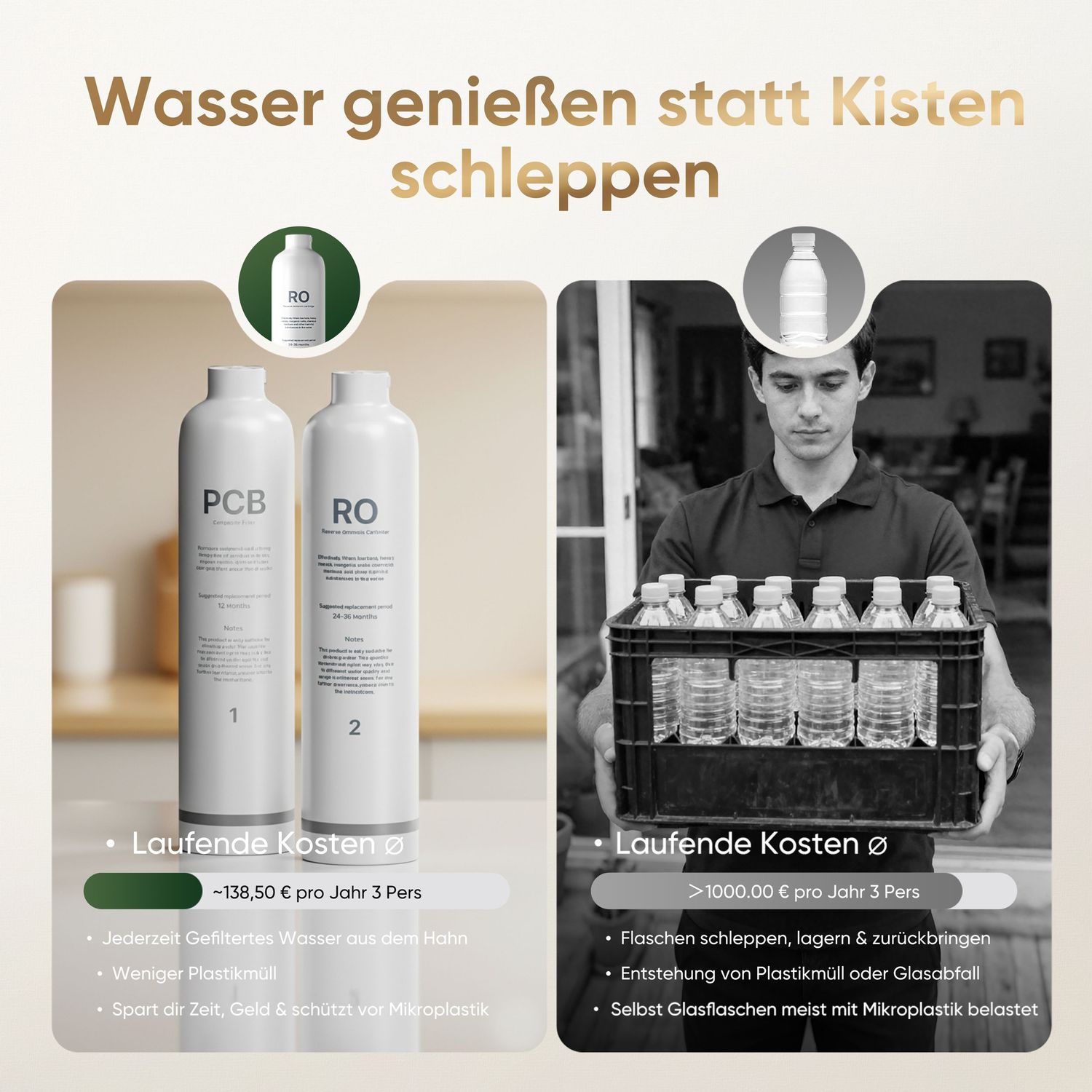 Water purification system advertisement showing bottles and kitchen installation.