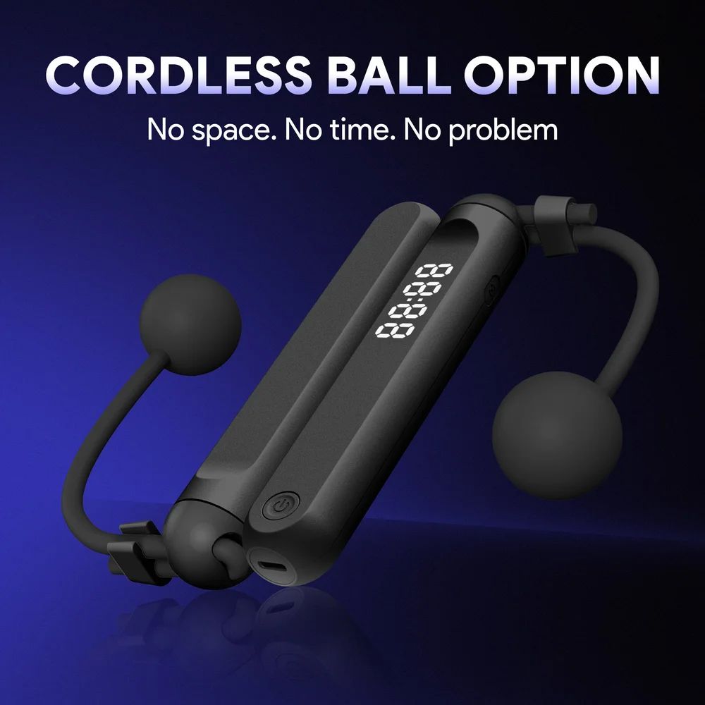 Cordless ball attachment option for smart jump rope shown on deep blue gradient background.