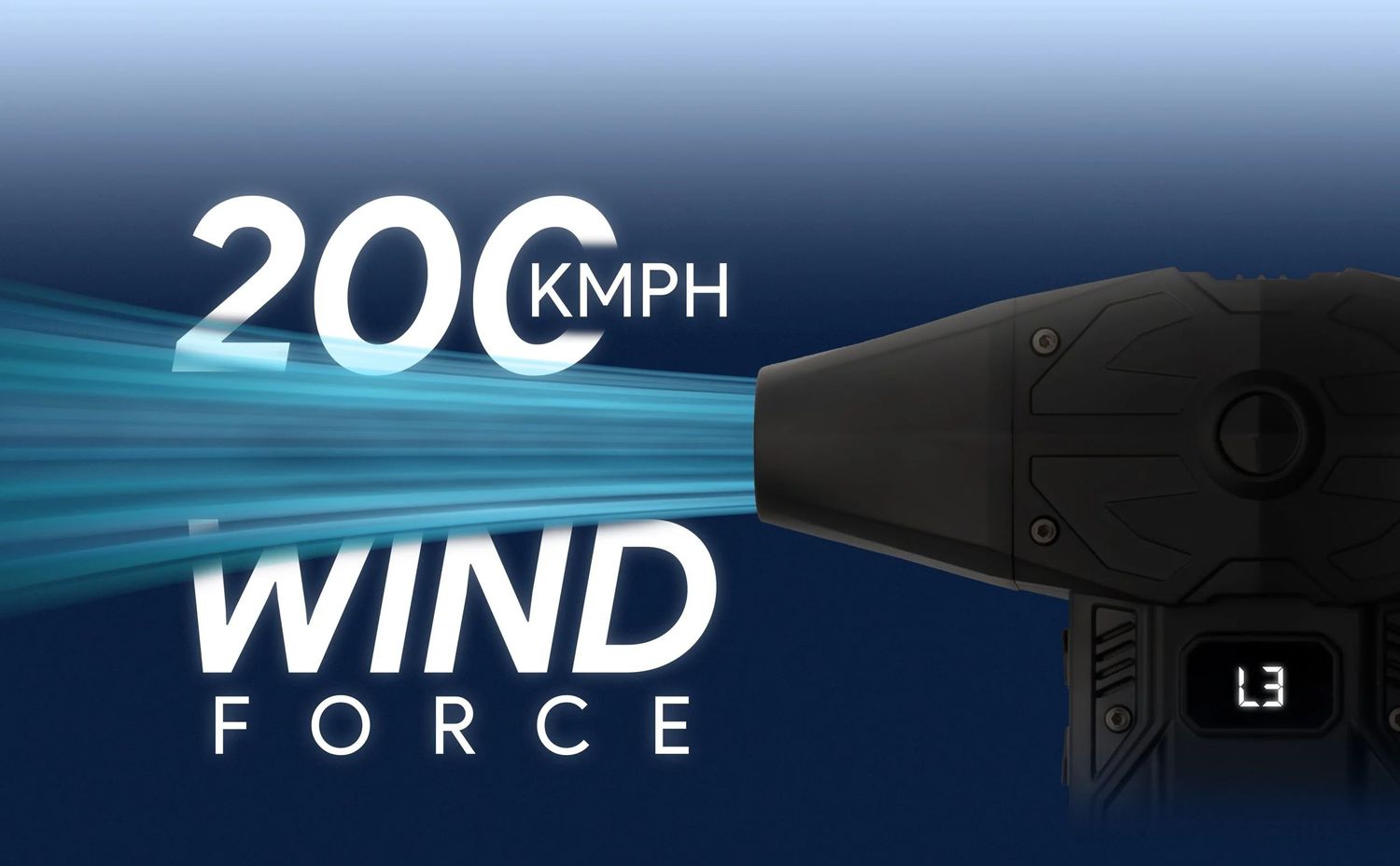 Technical specifications showing wind force and RPM measurements on blue display panel.