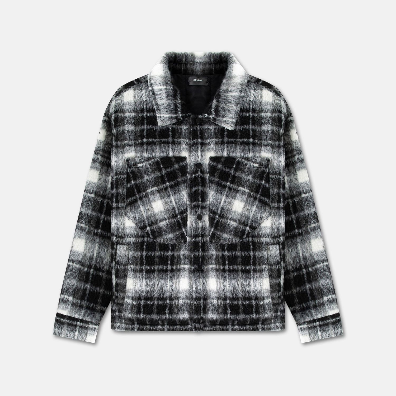 Black and white plaid flannel jacket shown from different angles.
