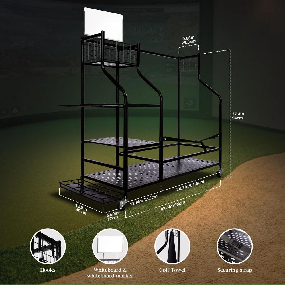 Technical specifications and dimensions of golf gear organizer rack with measurements.