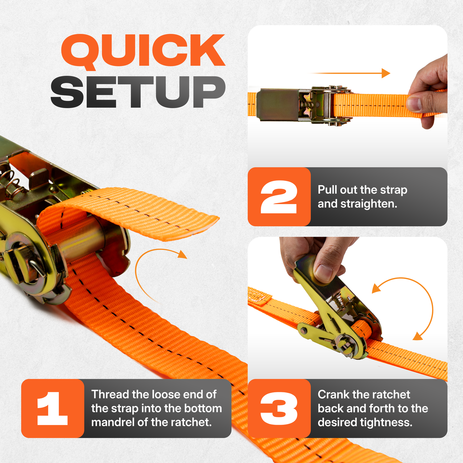Step-by-step instruction guide showing how to attach and secure an orange leather strap using metal hardware.