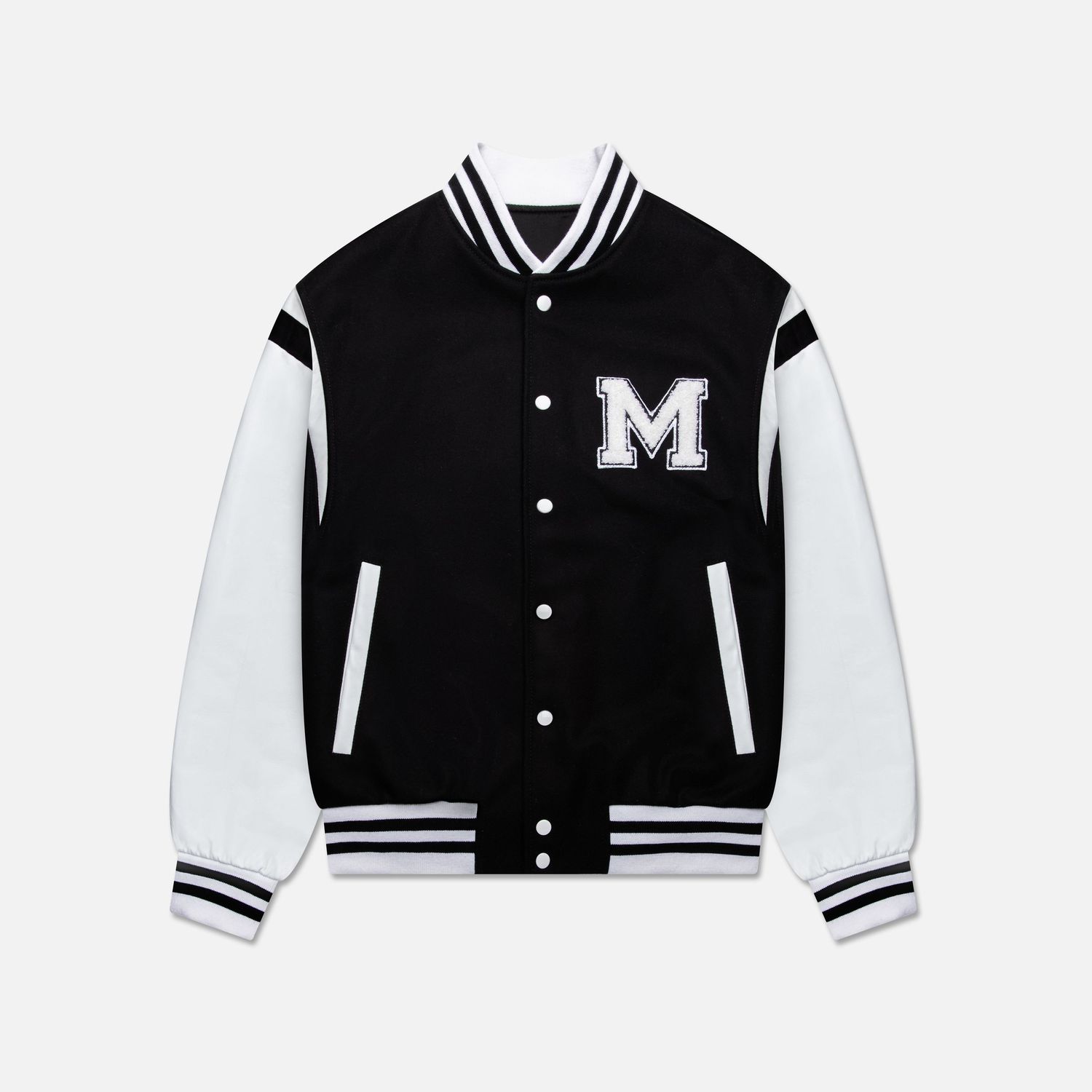 Black and white varsity letterman jacket with M logo shown in different views.