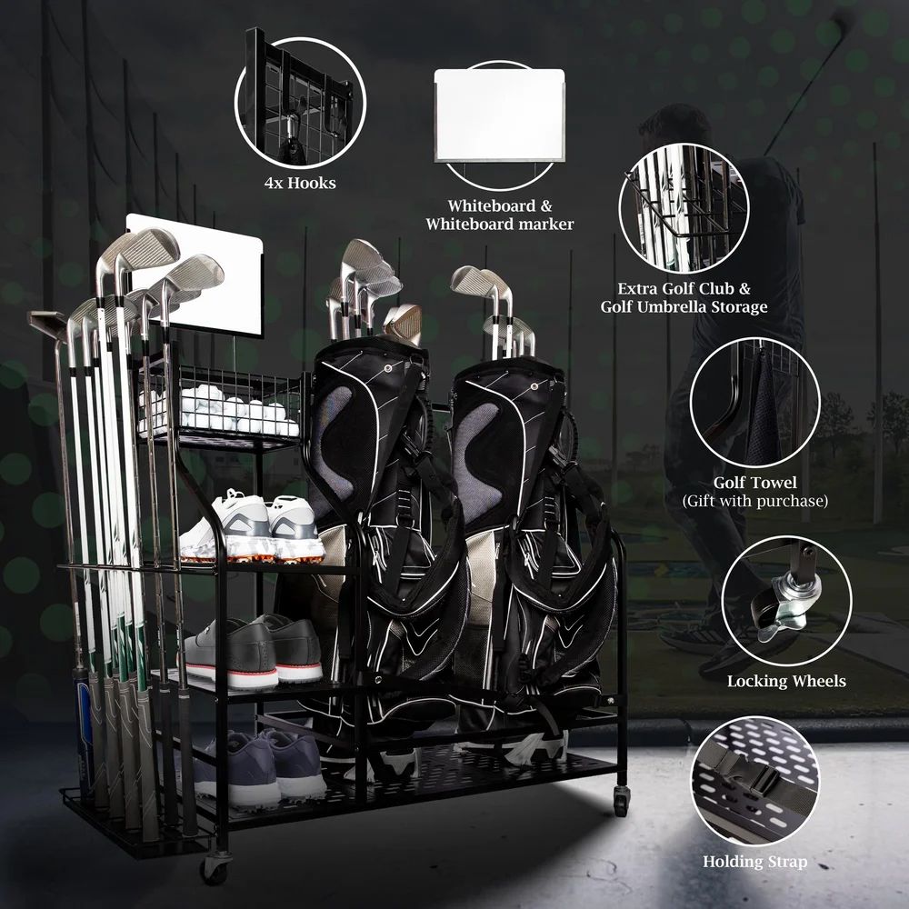 Multi-functional golf storage rack with labeled compartments and organizational features.