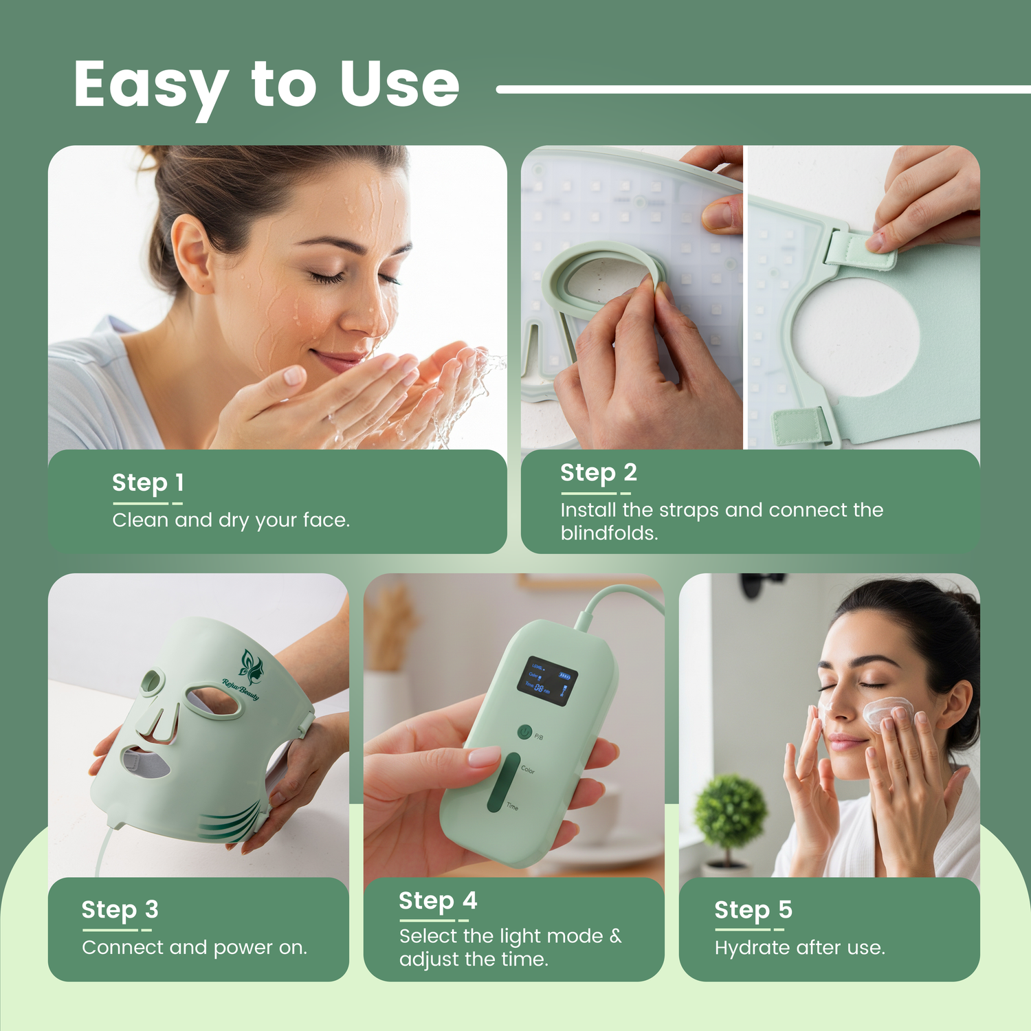 Step-by-step instructions showing how to apply a green beauty face mask product with application tools and skincare steps.