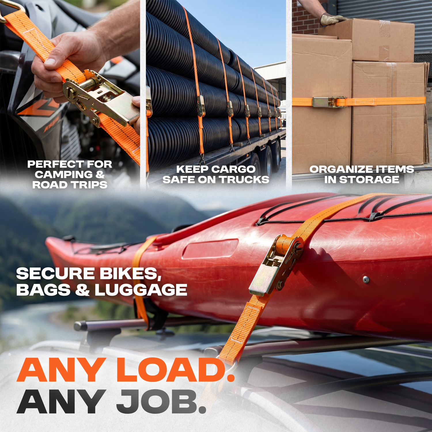 Orange ratchet straps secure cargo and equipment on trucks and trailers for safe transport and organization.