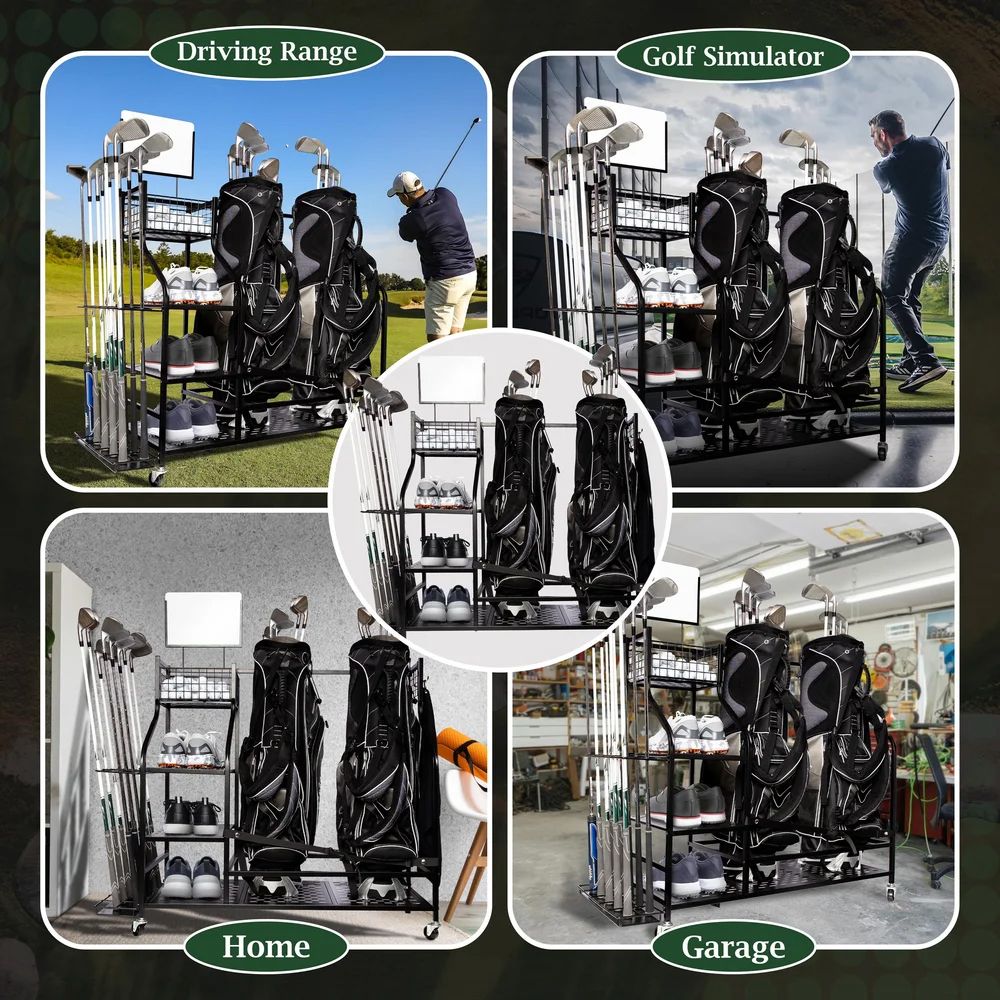 Golf equipment storage system shown in different locations from driving range to home garage.