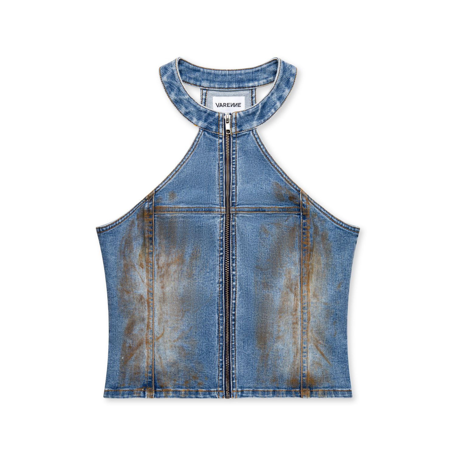 Cropped denim halter top with zip front closure shown from multiple angles.