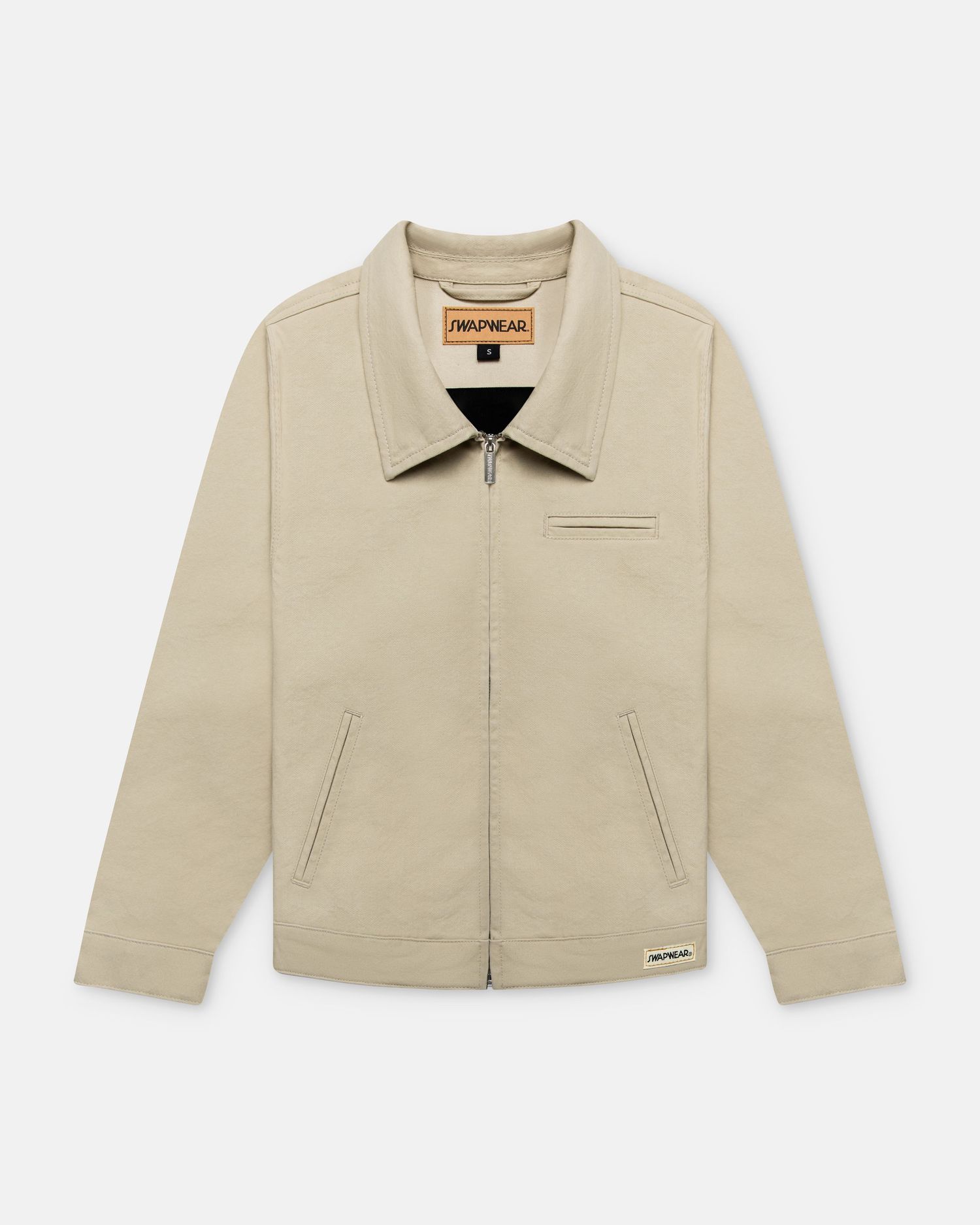 Beige zip-up workwear jacket with collar, chest pocket, and side pockets on white background.