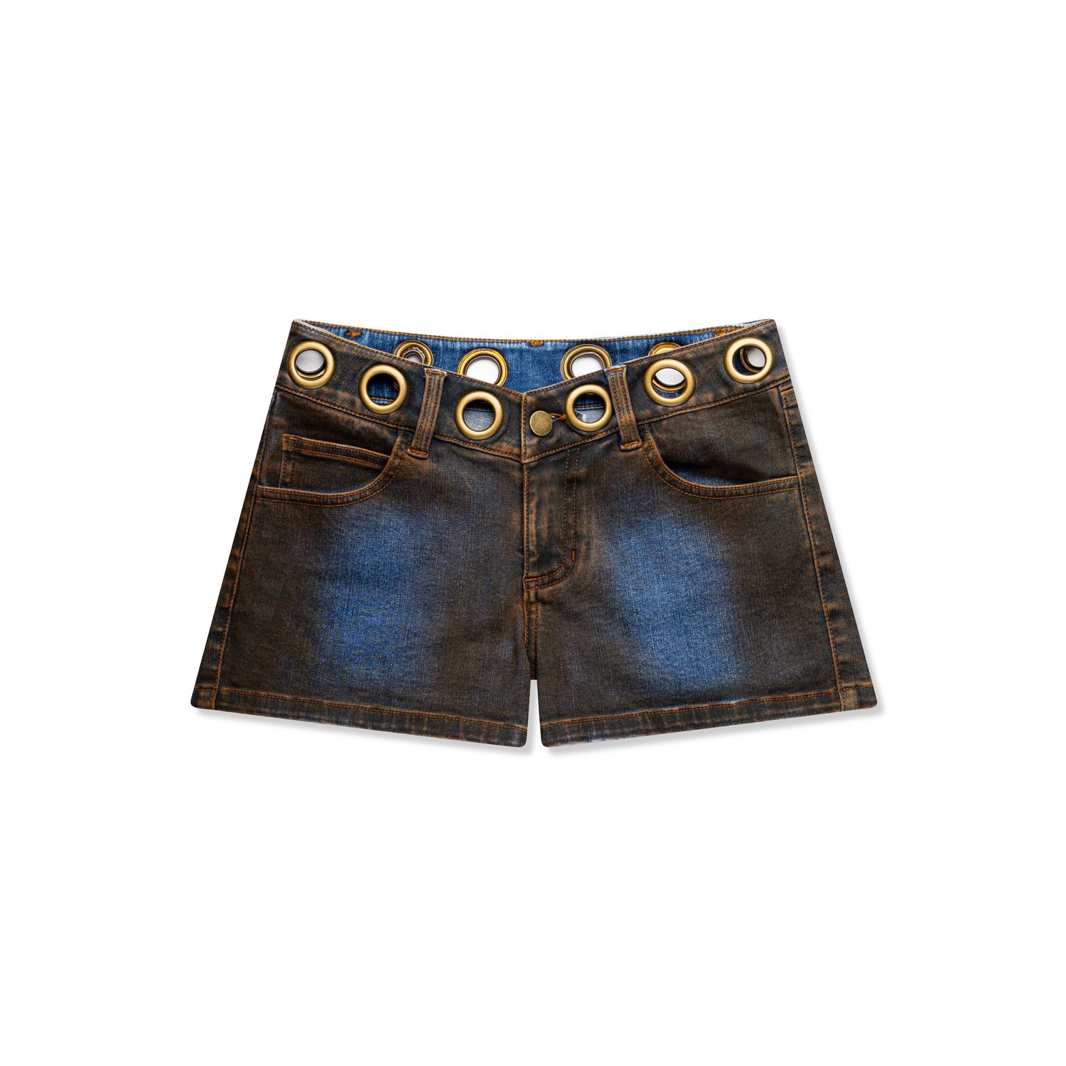 Low-rise denim shorts with metallic grommet details along waistband.