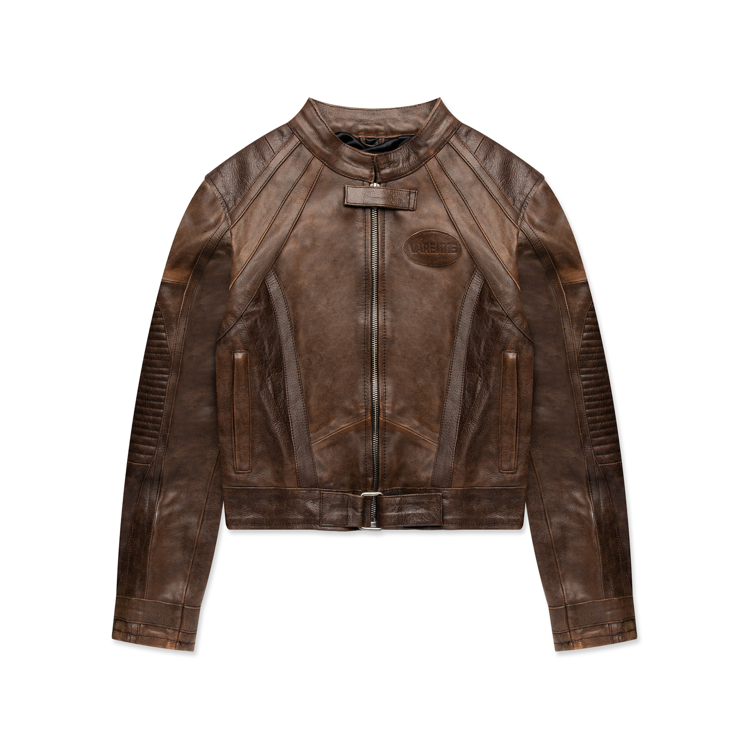 Brown leather cropped motorcycle jacket shown from multiple angles.