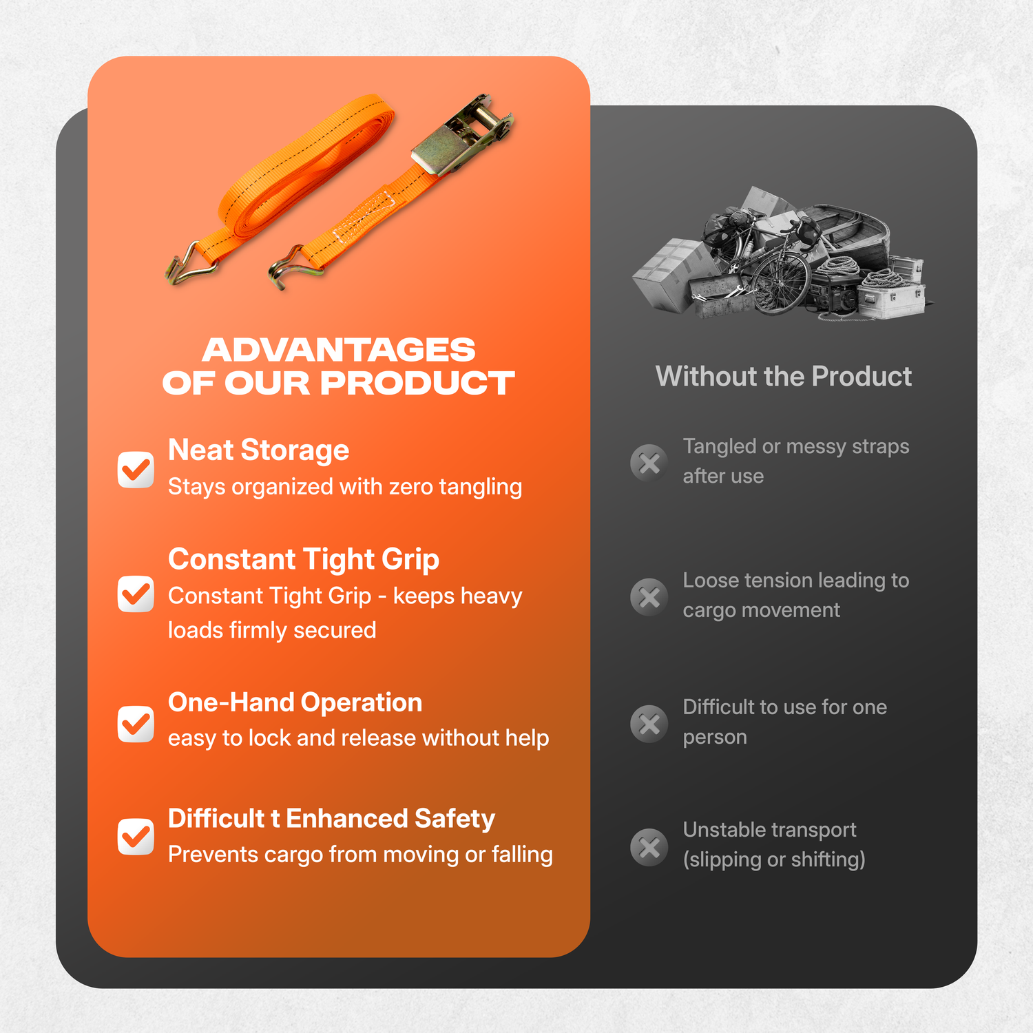 A series of orange and gray product feature cards displaying tool advantages and specifications.