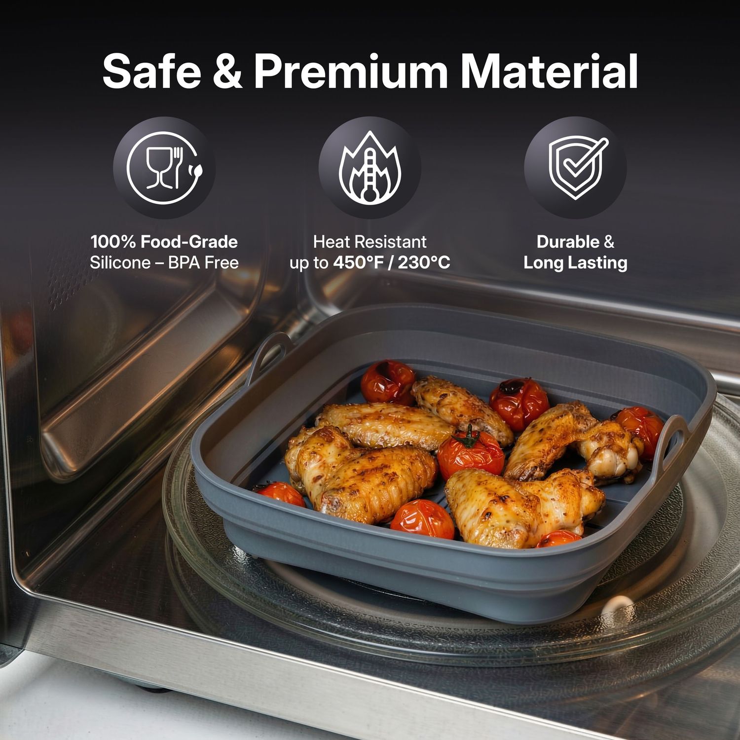 Three images showing silicone food containers with heat resistant and durable properties for meal storage and cooking.