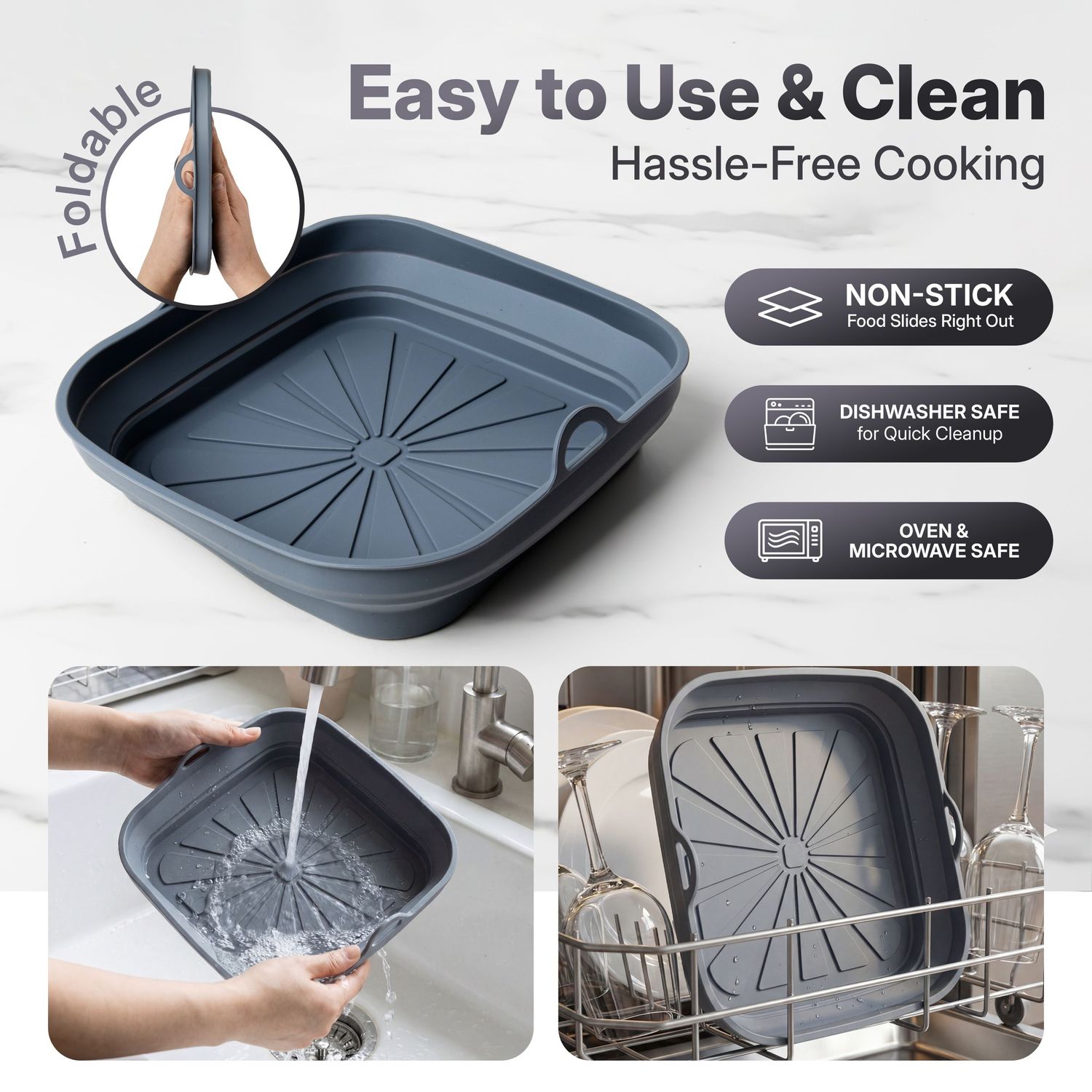 Collage showing various angles of a non-stick silicone baking pan with ridged surface and cleaning demonstration.