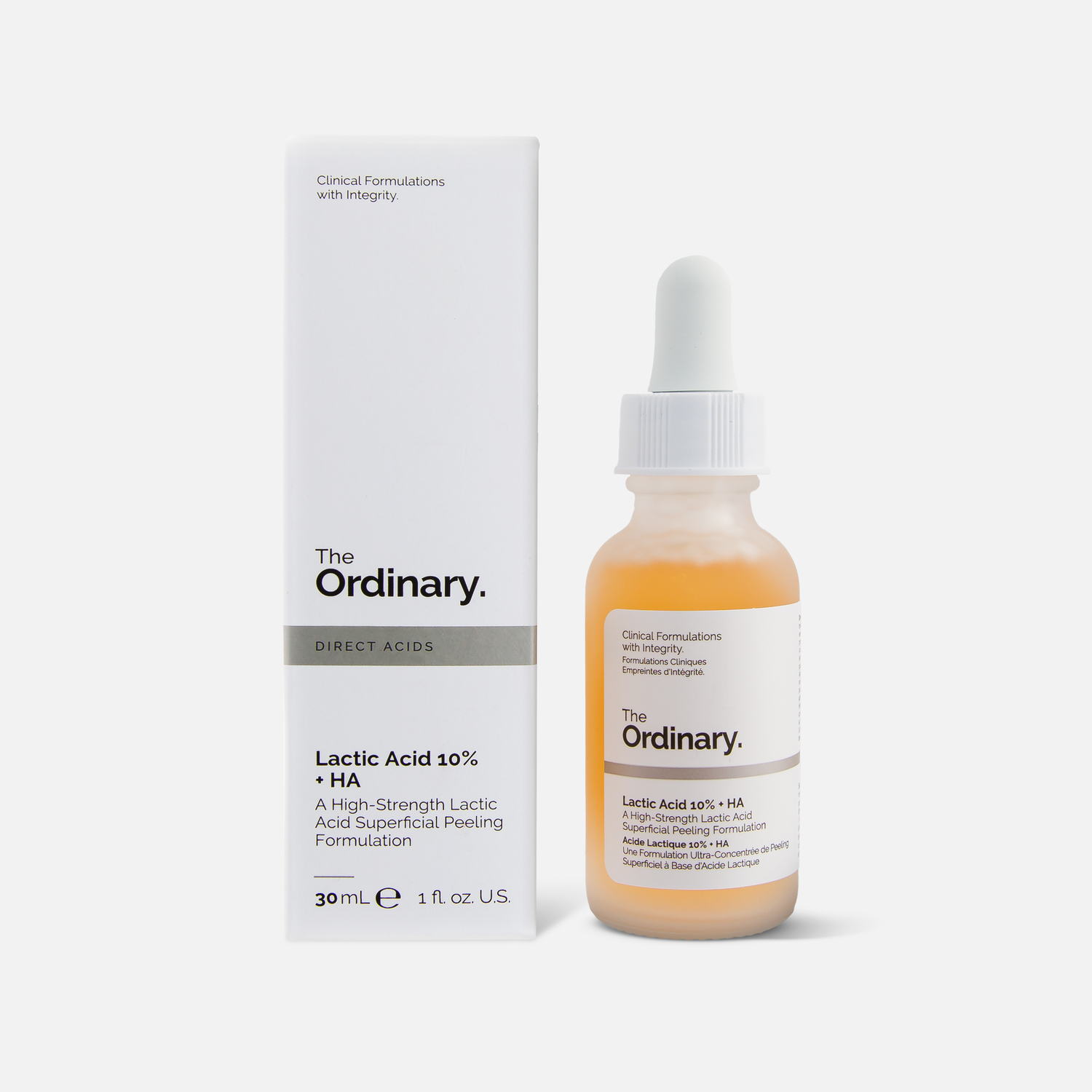 The Ordinary skincare products featuring lactic acid treatment in minimalist packaging.