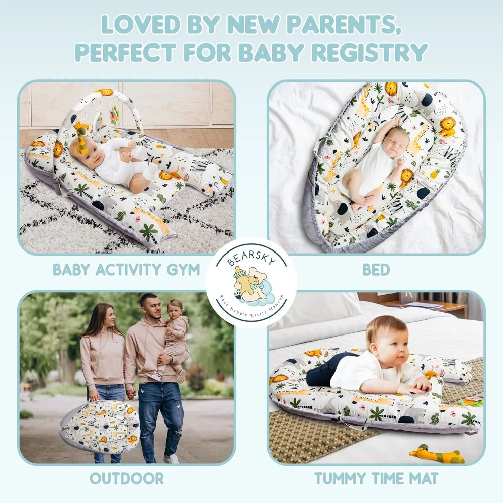 Product showcase of baby nest lounger displaying multiple use cases and activities.