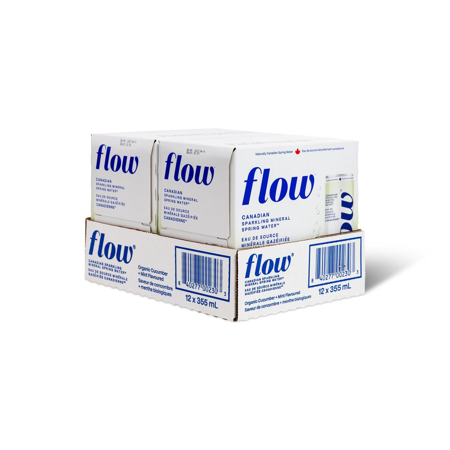 Two cases of Flow Canadian spring mineral water, each containing 12x355mL cartons, stacked together.