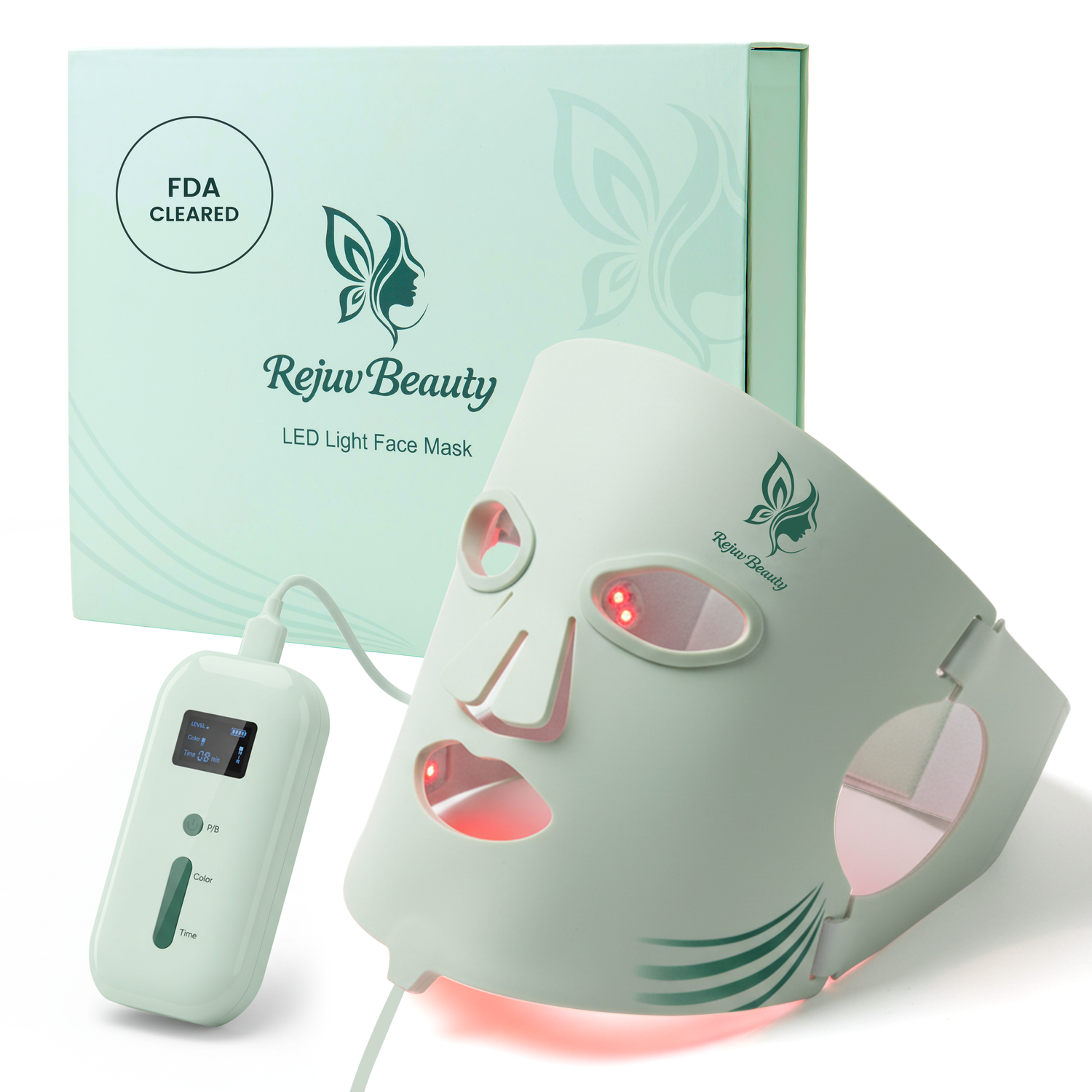 LED light therapy face mask shown from multiple angles with mint green packaging and red illumination details.