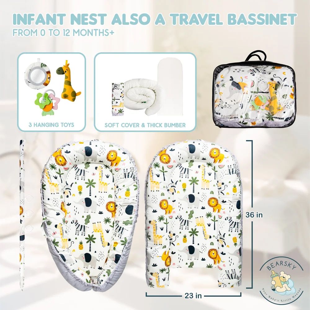 Infant travel bassinet with animal print pattern featuring yellow giraffes and stars on white background.