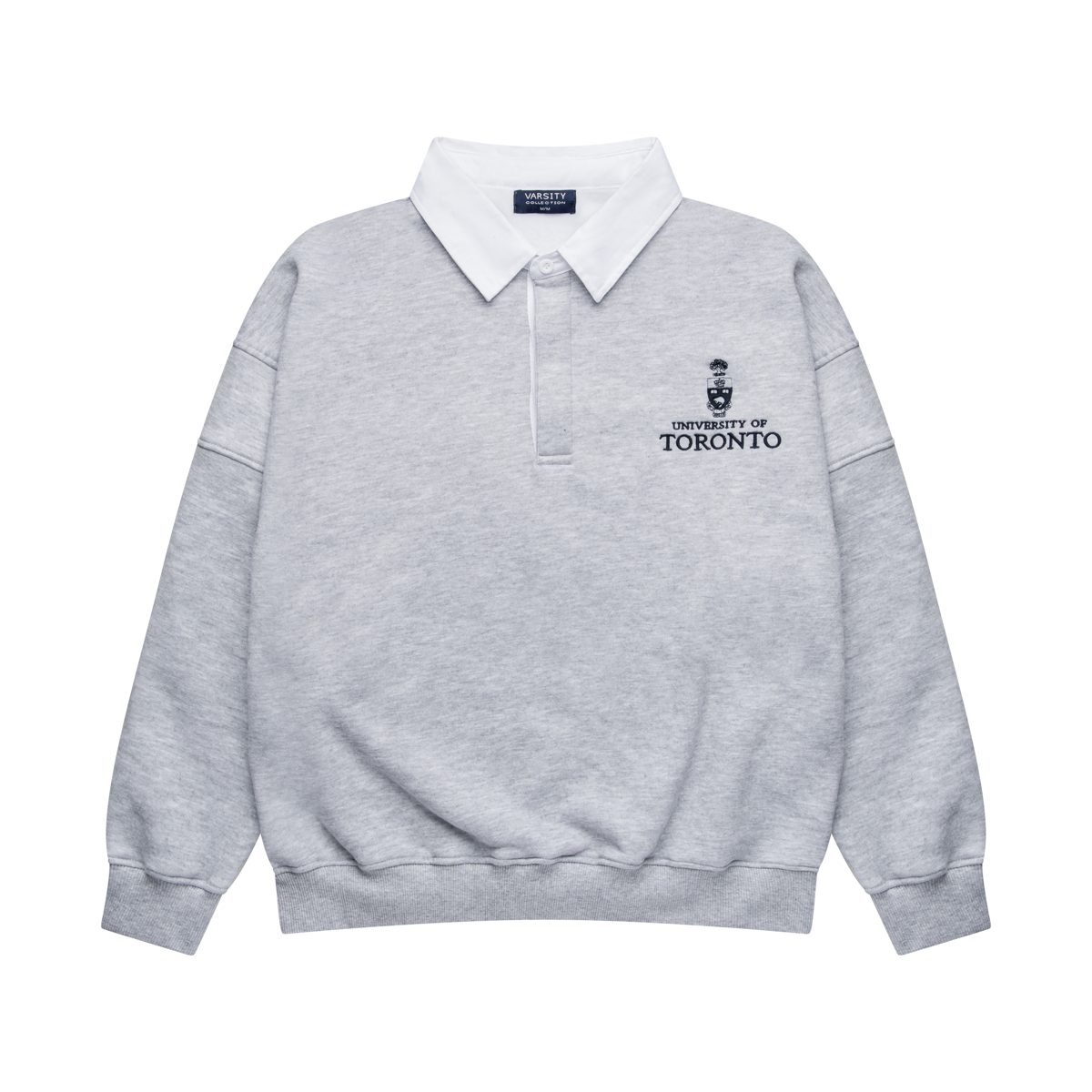 Gray and white University of Toronto polo sweatshirt shown from different views.
