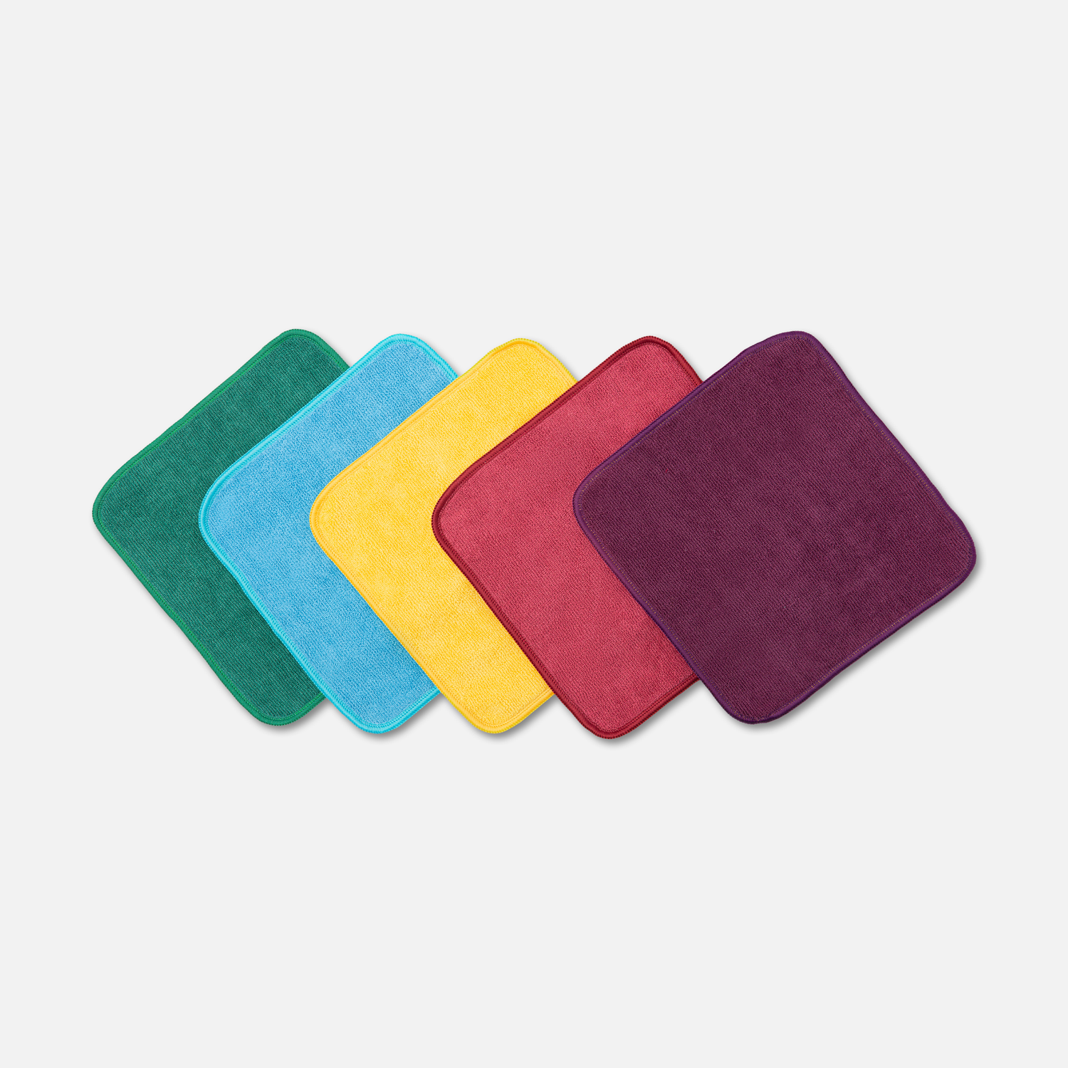Set of five microfiber cleaning cloths in green, blue, yellow, red, and purple colors.