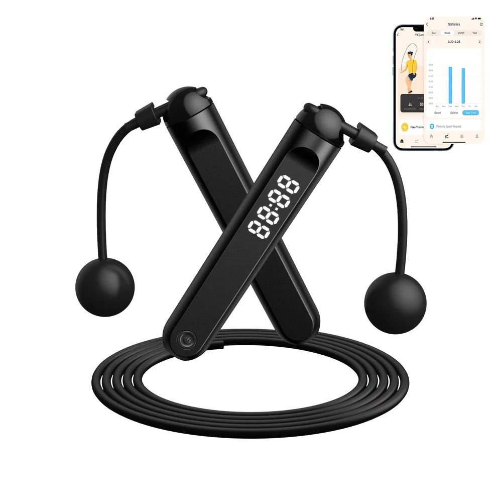 Black smart jump rope components and parts displayed on white background.