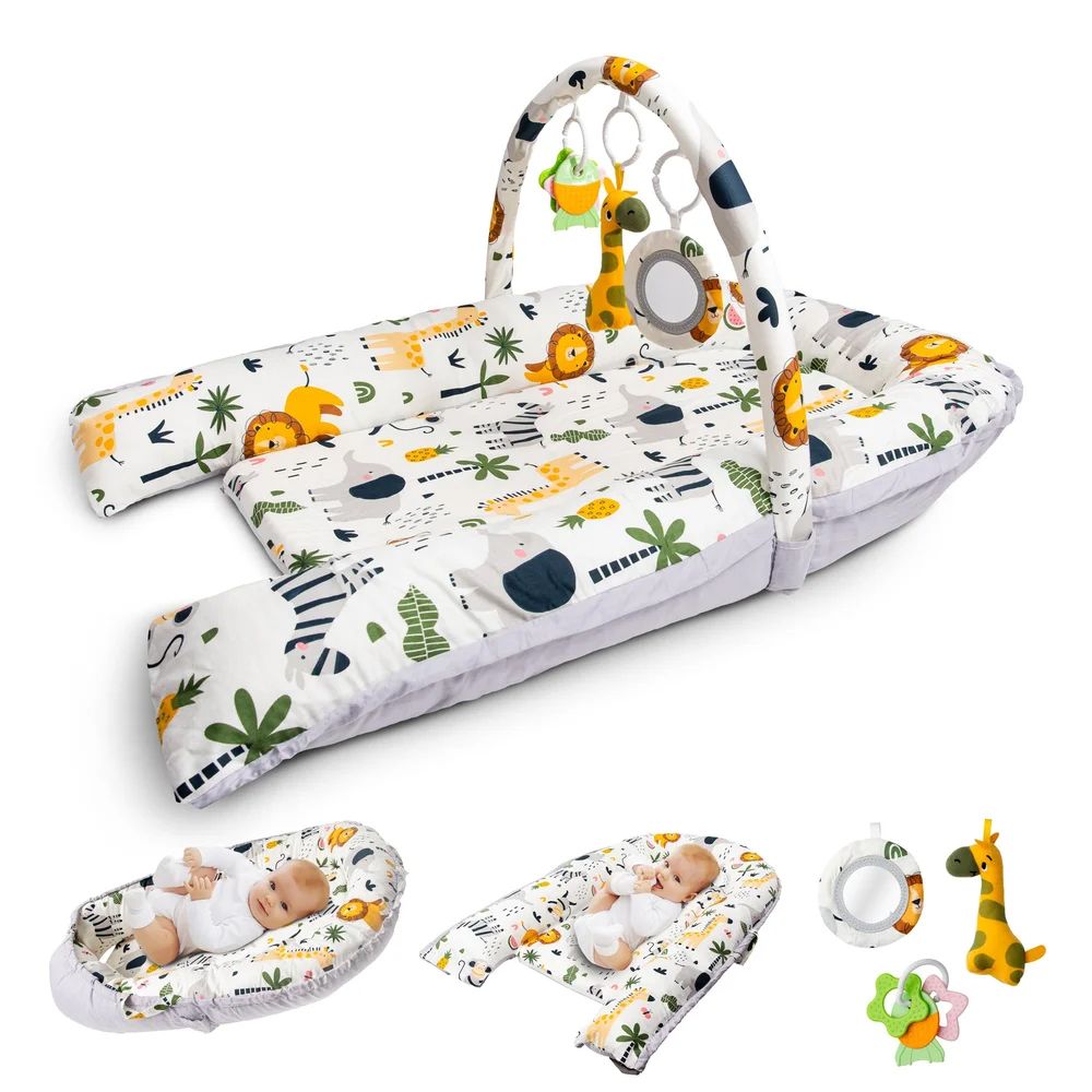 Collection of baby nest lounger product views showing animal print design and included accessories.