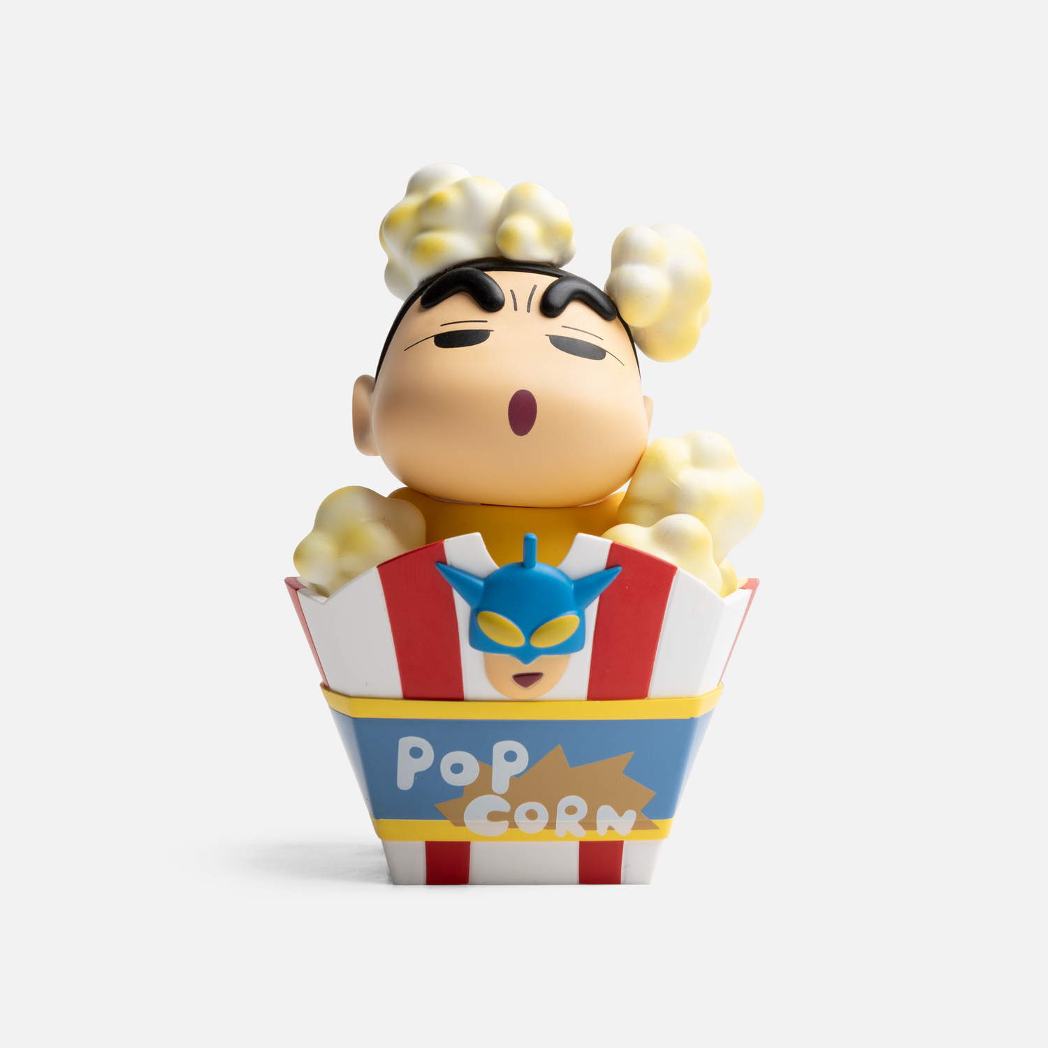 Cute cartoon popcorn container character with expressive face design.