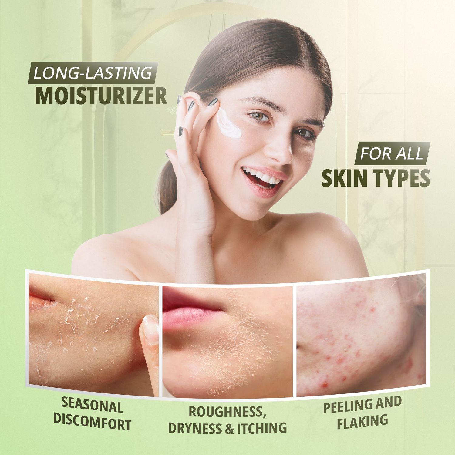 Green skincare banner showing moisturizer benefits for different skin conditions and types.