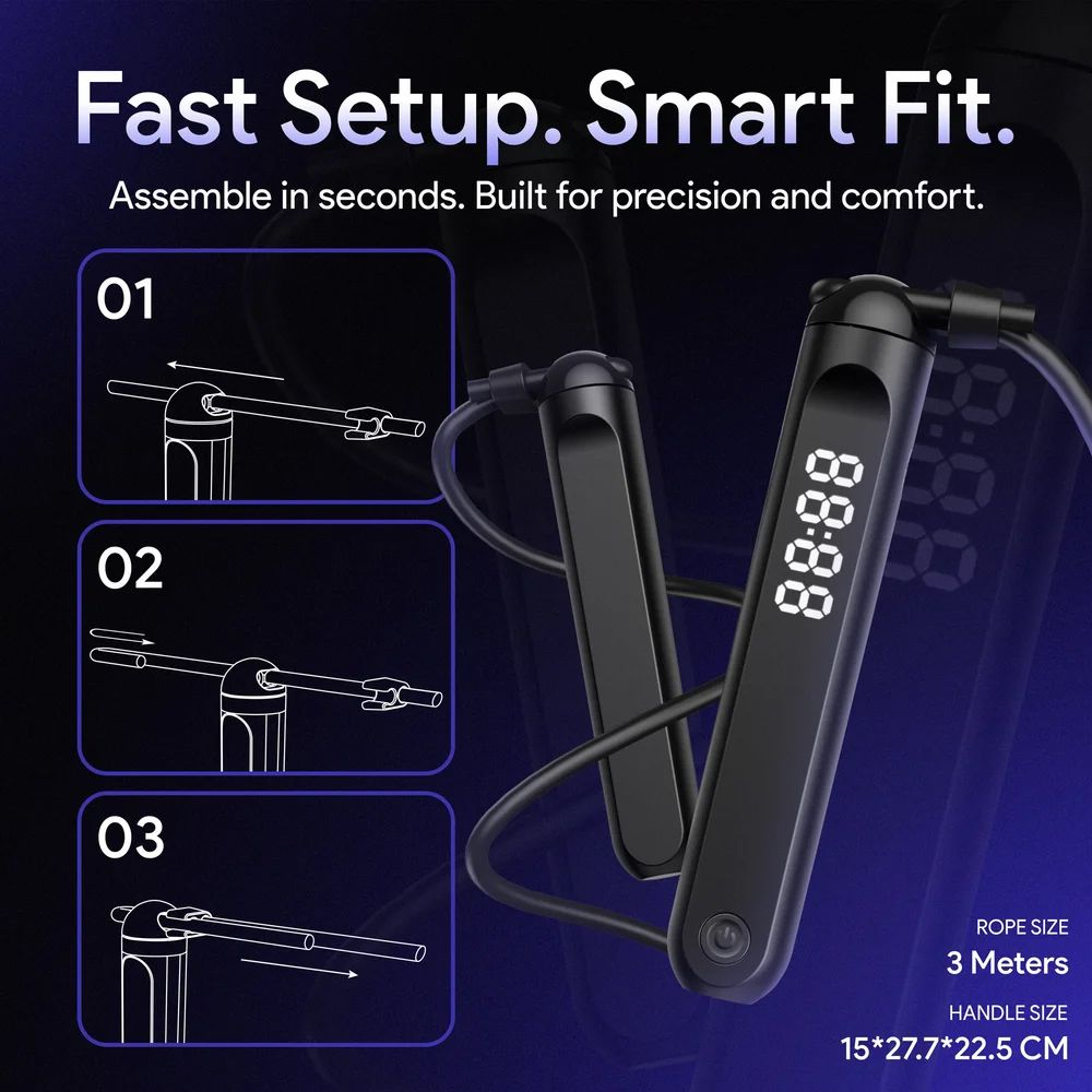 Technical diagram showing smart jump rope setup and measurements on dark blue background.