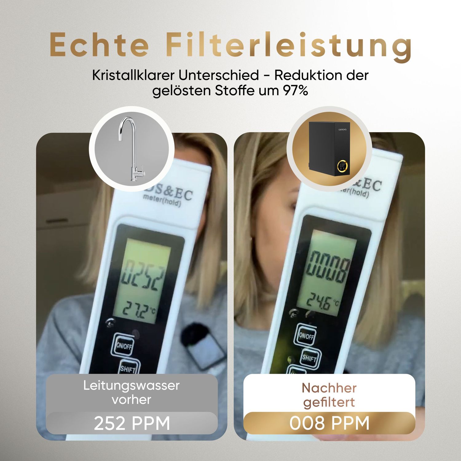 Digital meters displaying water quality measurements before and after filtration process.