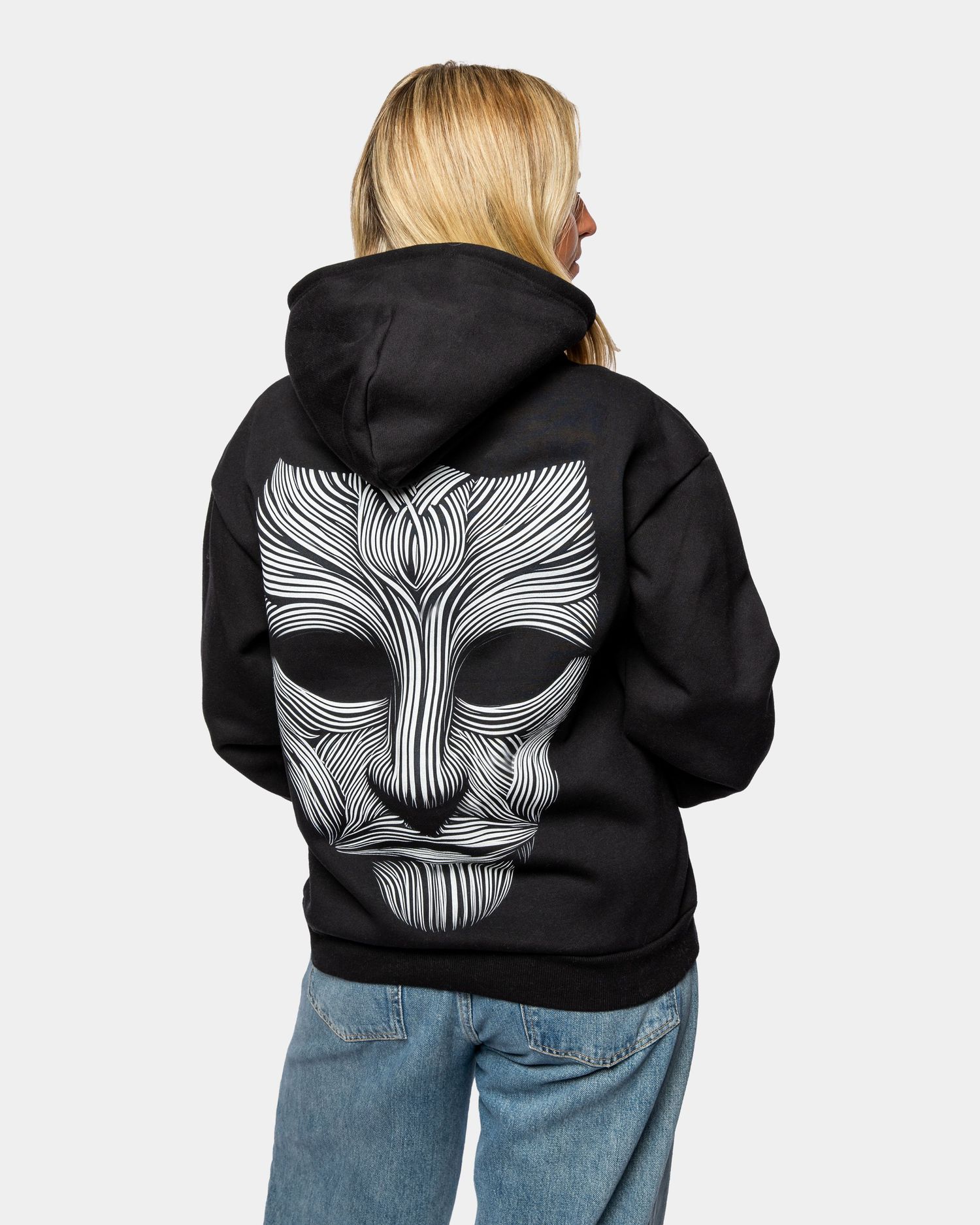 Black hoodie with white abstract face design shown from multiple angles on a light background.