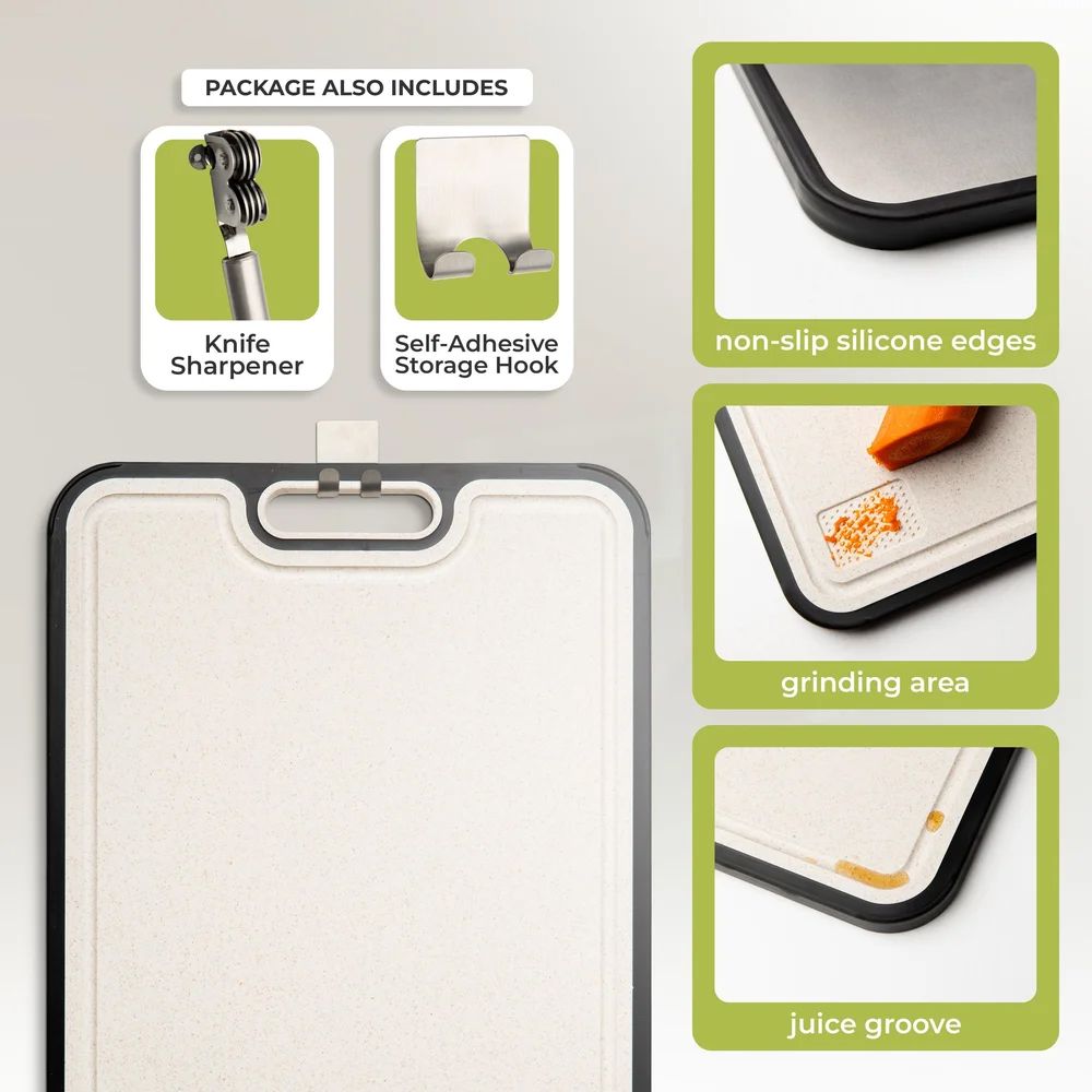 Cutting board accessories and features including knife sharpener, storage hook, non-slip edges and juice grooves.