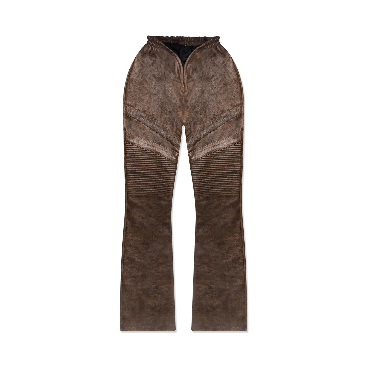 Brown suede pants with ribbed knee panels shown from multiple views.