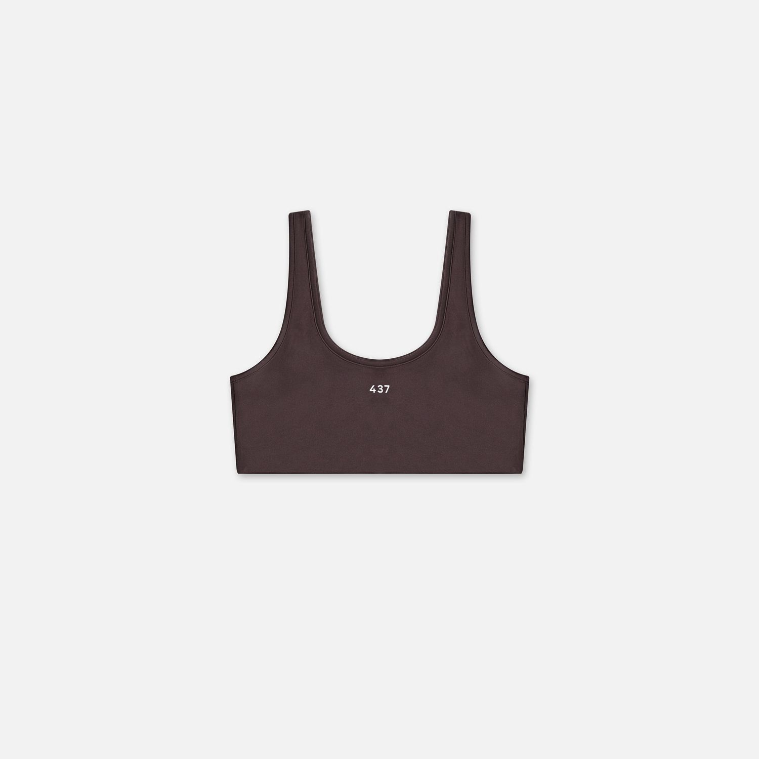Dark brown sports bra style top shown from multiple views.