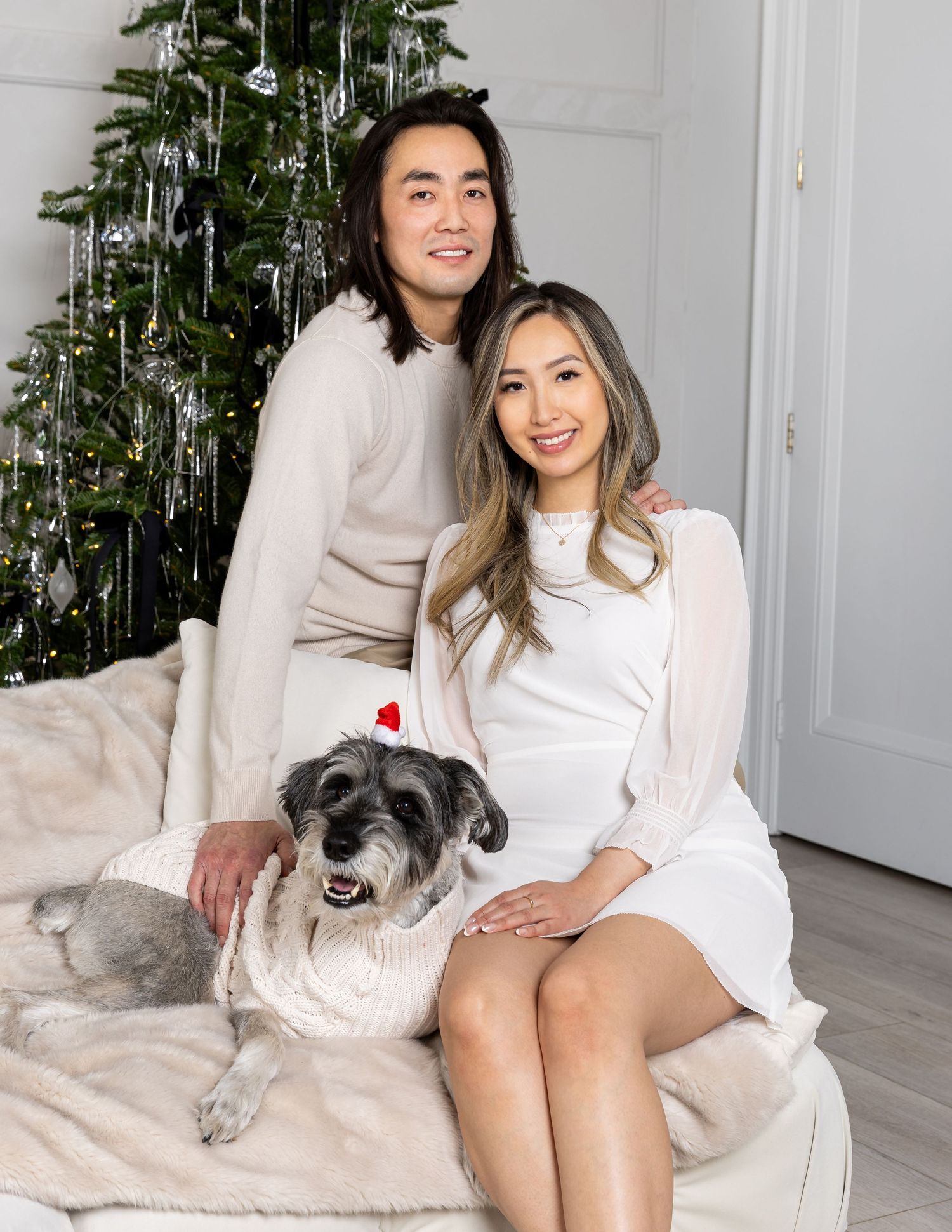 Holiday portraits in bright white room with Christmas tree and dog.